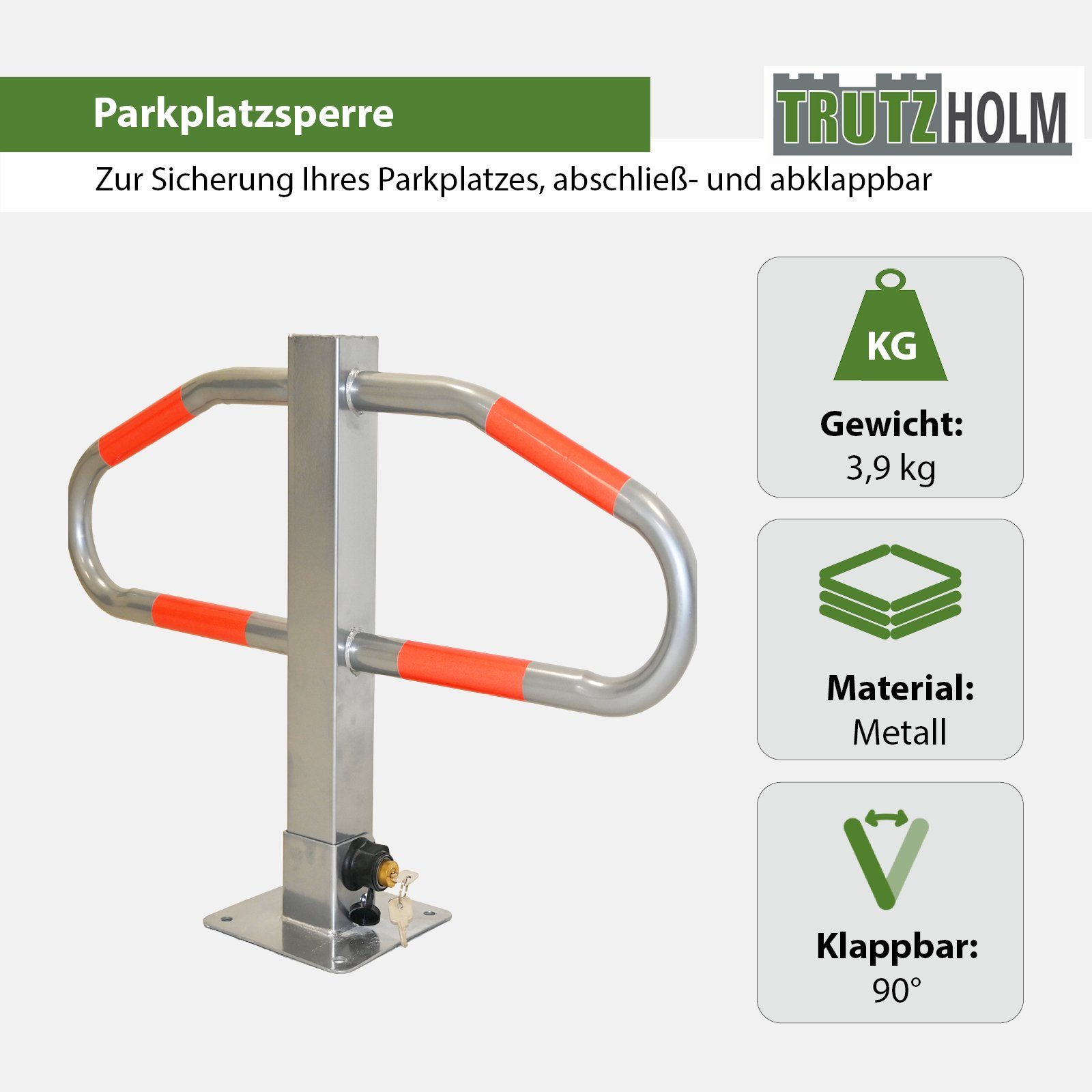 TRUTZHOLM Absperrpfosten Parkplatzsperre 47 x 73 cm Metall grau abschließ- und klappbar Poller (Stück, 1-tlg), 2 Schlüssel,47x73cm,Grundplatte:18x18cm,4kg