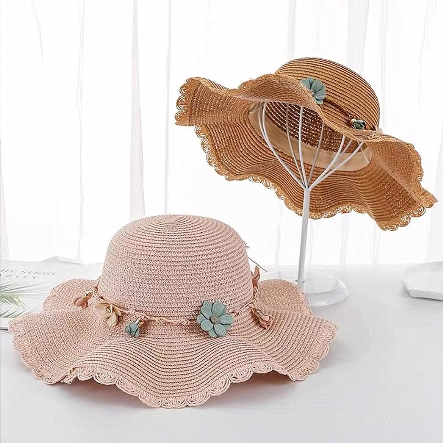 Coonoor Sonnenhut Strohhut-Set für Kinder: Süßer Sommerhut und Strohtasche für Mädchen Reisehut mit Blumen-Dekoration für Strand, Urlaub