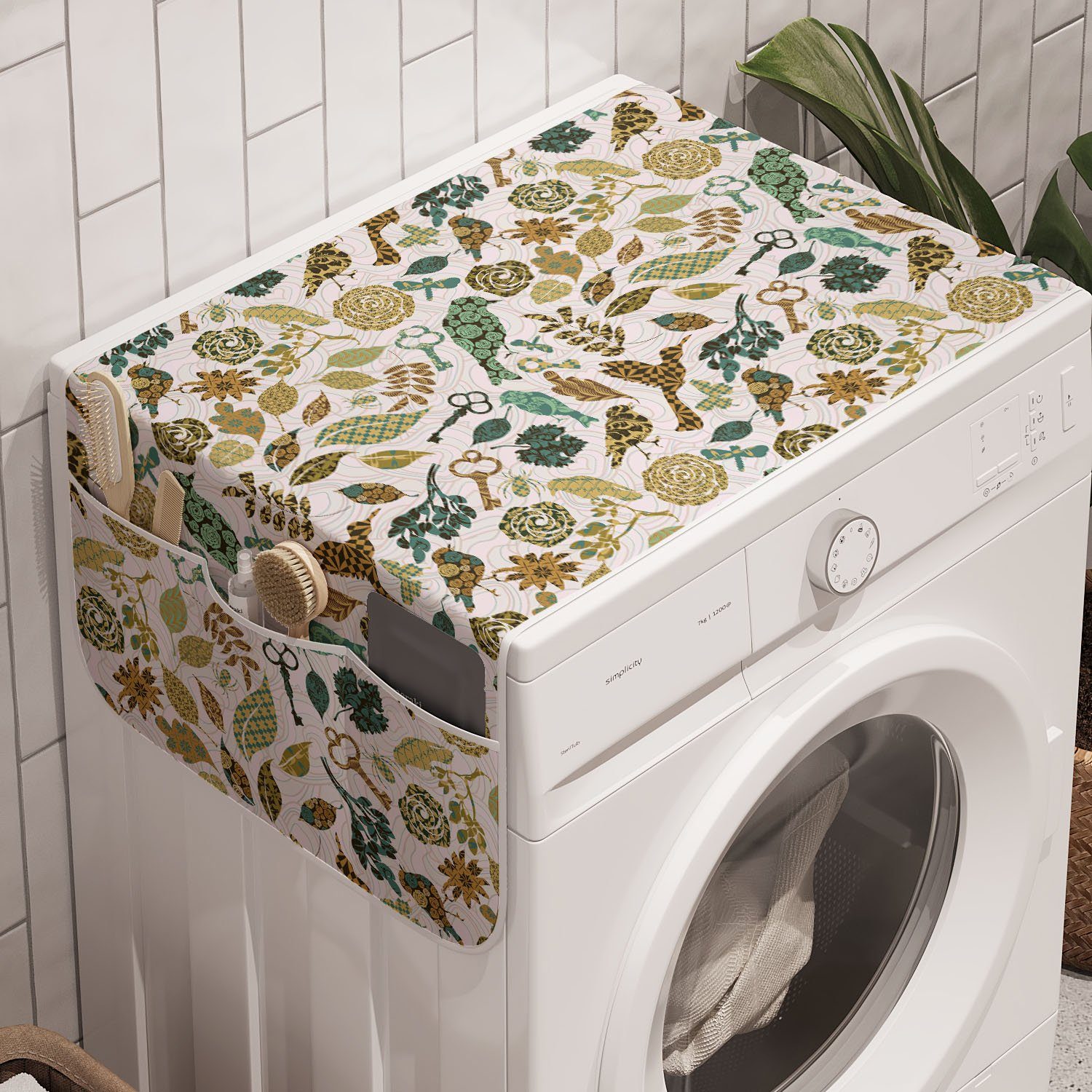 Abakuhaus Badorganizer Anti-Rutsch-Stoffabdeckung für Waschmaschine und Trockner, Blätter Vögel und Libellen