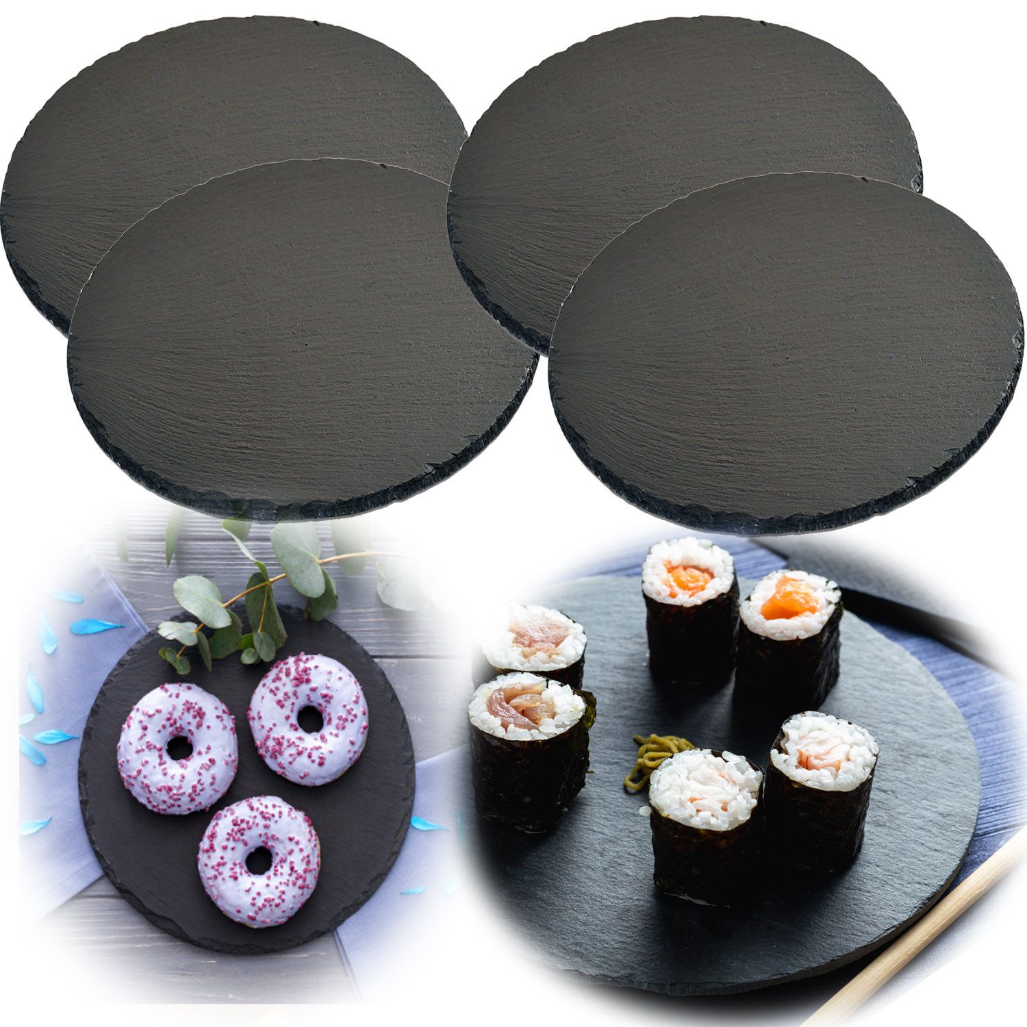 LS-LebenStil Servierplatte 4x Schieferplatte Schieferteller 20x20cm Set Rund Tafelplatte Sushi, Schiefer, (Tischset Deko Tablett Tapas Teller Schiefertafel Steinplatte Untersetzer, 4-tlg), Tortenplatte naturbelassener Rand