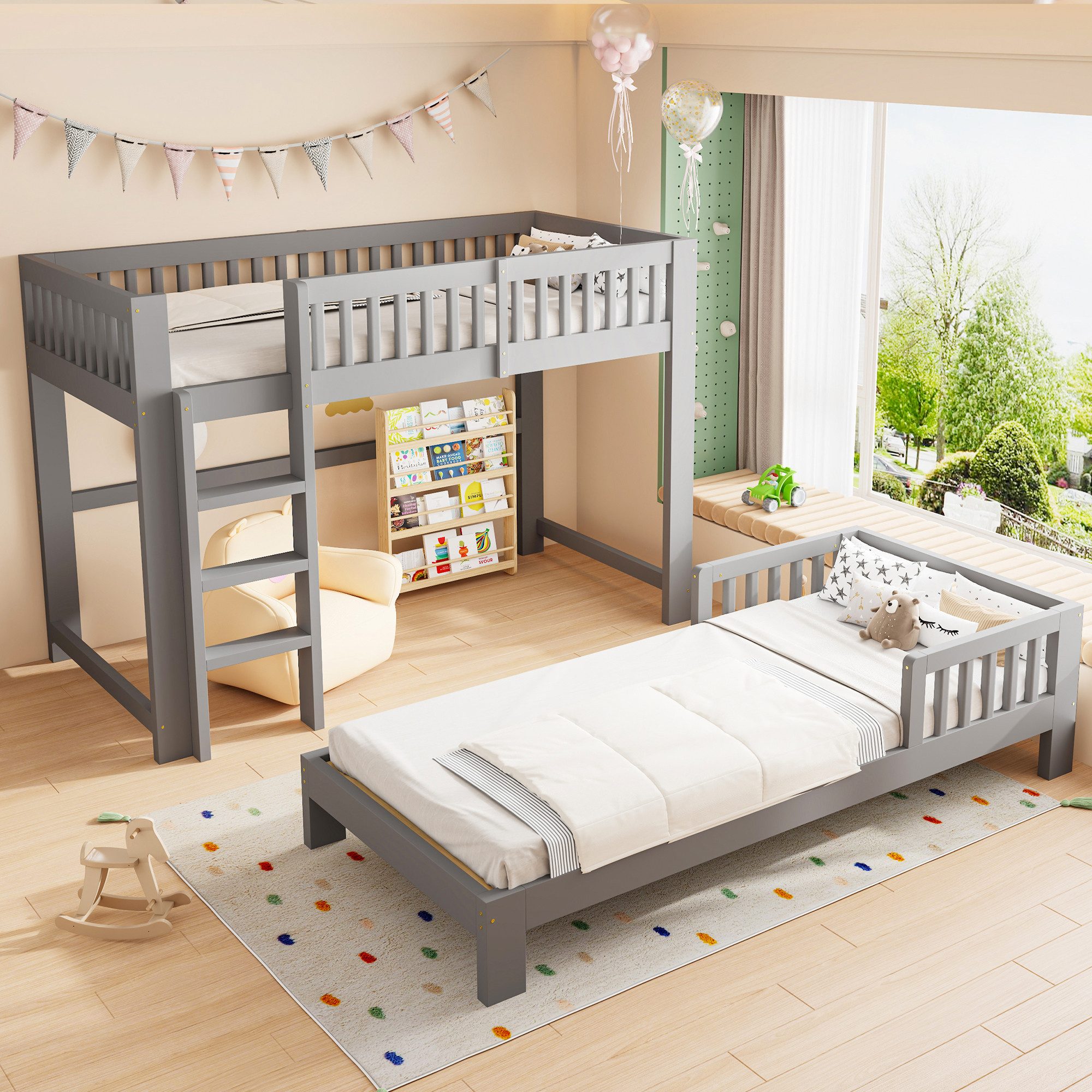 HAUSS SPOLE Hochbett 90x200 Holzbett mit Lattenroste & Schutzgeländern,Einzelbett in Grau (Umbaubares Kinderbett-System mit Schutzgeländer) Modulares Etagenbett für Kinderzimmer,ohne Matratze
