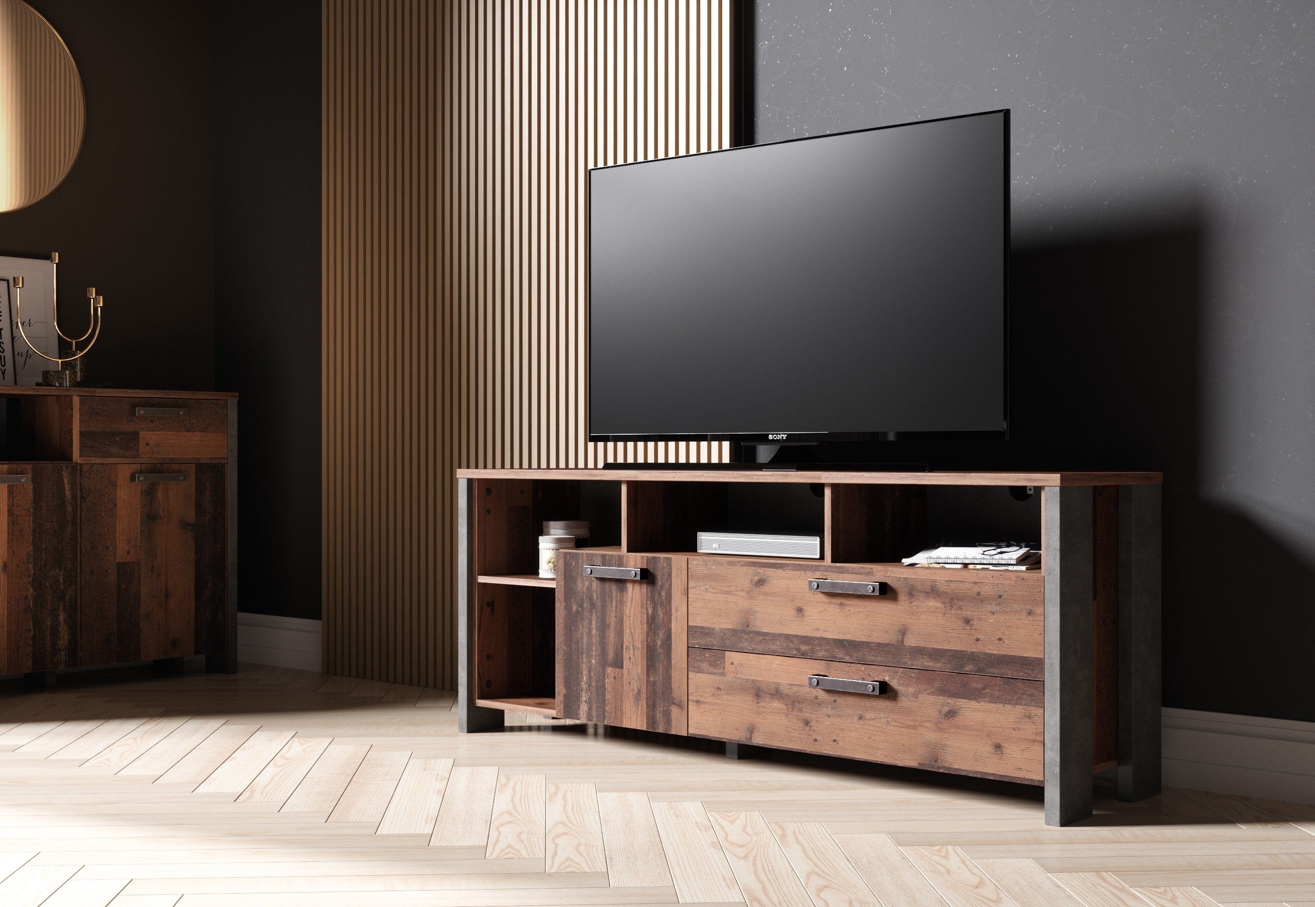 Newroom Lowboard Kane, TV Board Old Wood Wildeiche Vintage Landhaus TV Schrank Fernsehtisch