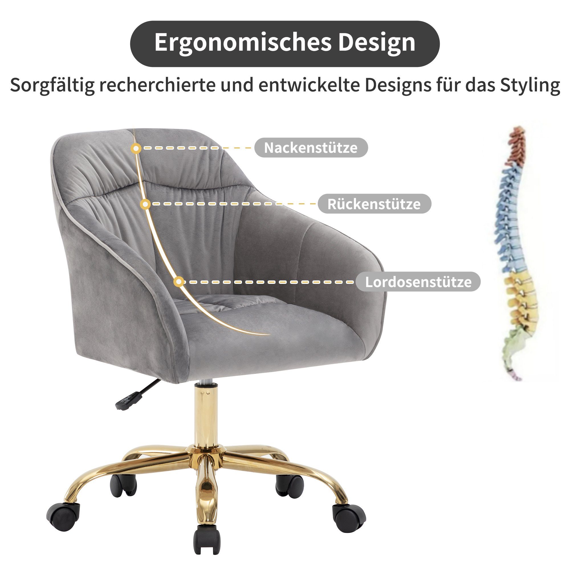 Armlehne Rückenlehne und Rollen, Grau und atmungsaktiv Drehstuhl REDOM Mit Gold | Grau Höhenverstellbar, |
