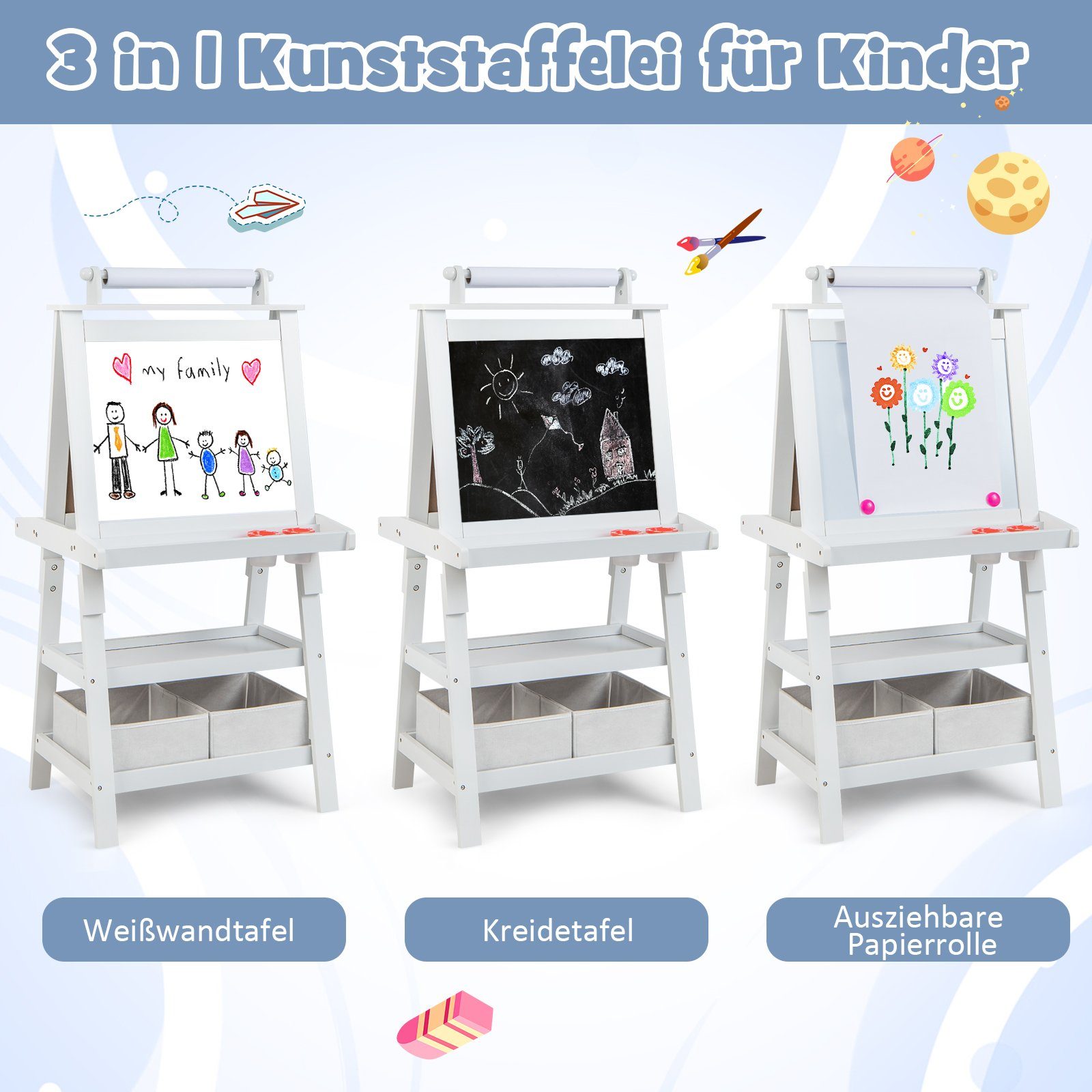 COSTWAY Standtafel Kinder Staffelei, doppelseitig, mit Magneten & 2 Boxen