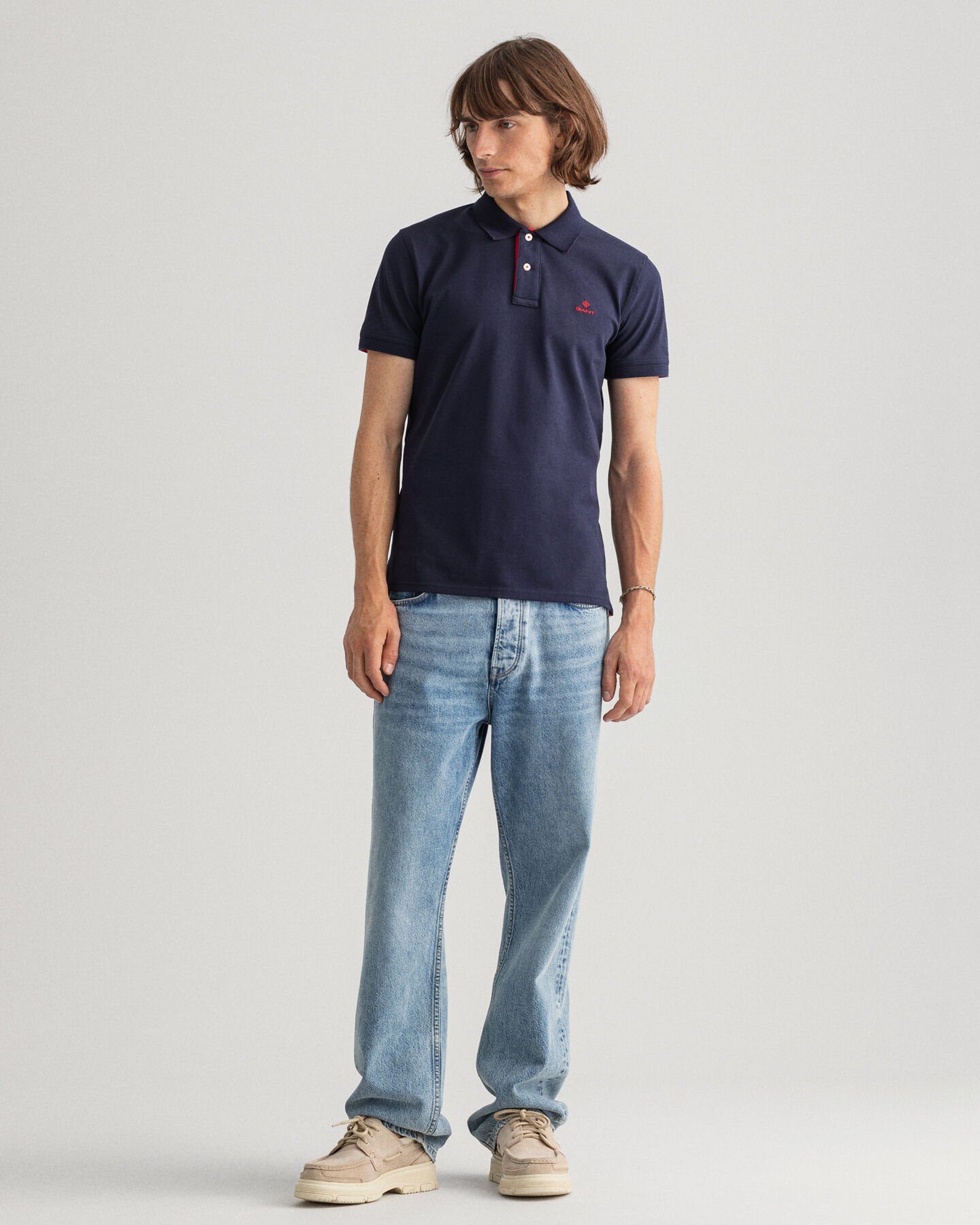 Gant Shirt kontrastfarbener Poloshirt Piqué Poloshirt Rugger mit Dunkelblau