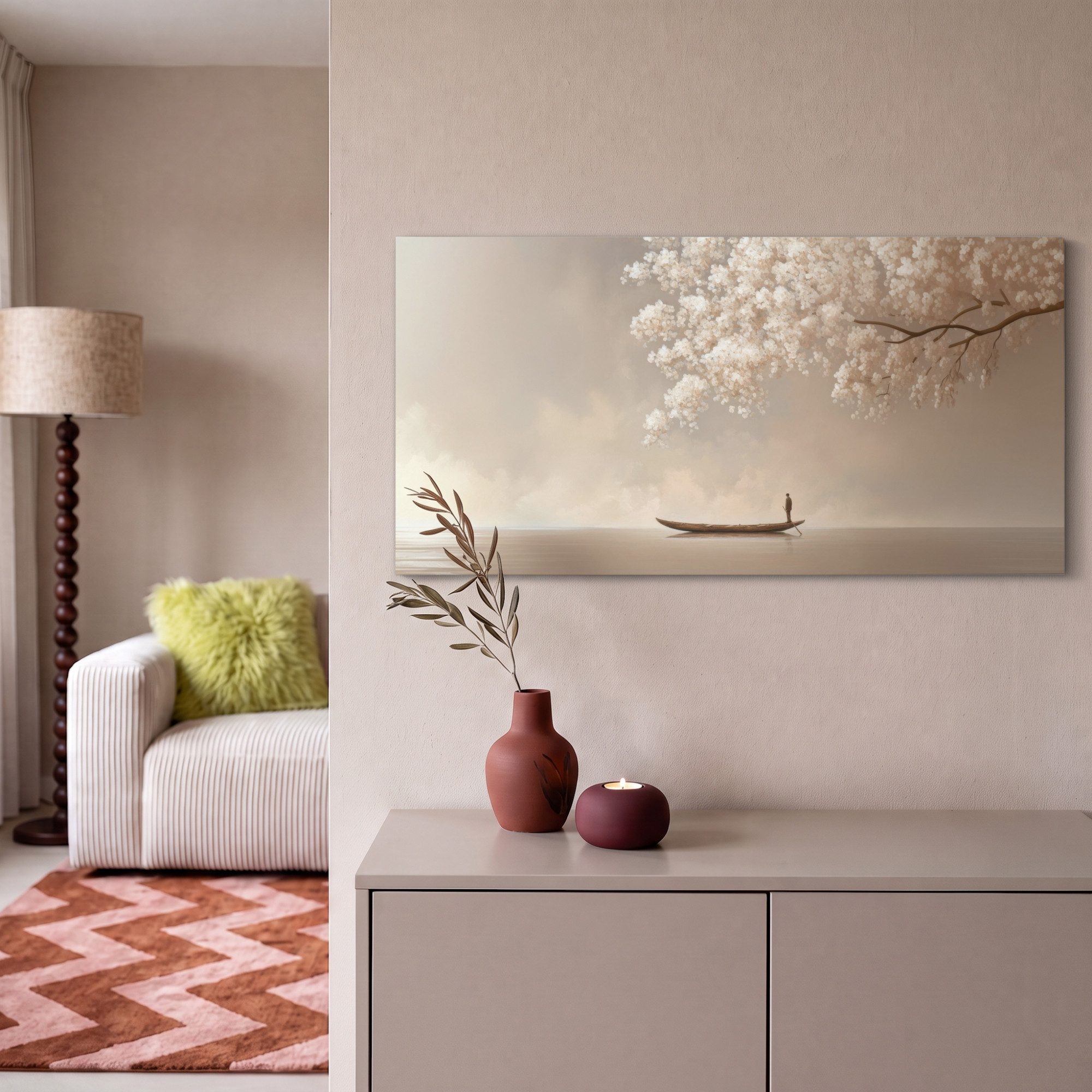 OneMillionCanvasses® Leinwandbild Panorama Blüten - Weiß - Boot - Minimalistisch, Fotodruck (1 St), Wandbild, Deko Schlafzimmer Wohnzimmer Flur 40x20 cm – Bild 2 von 5
