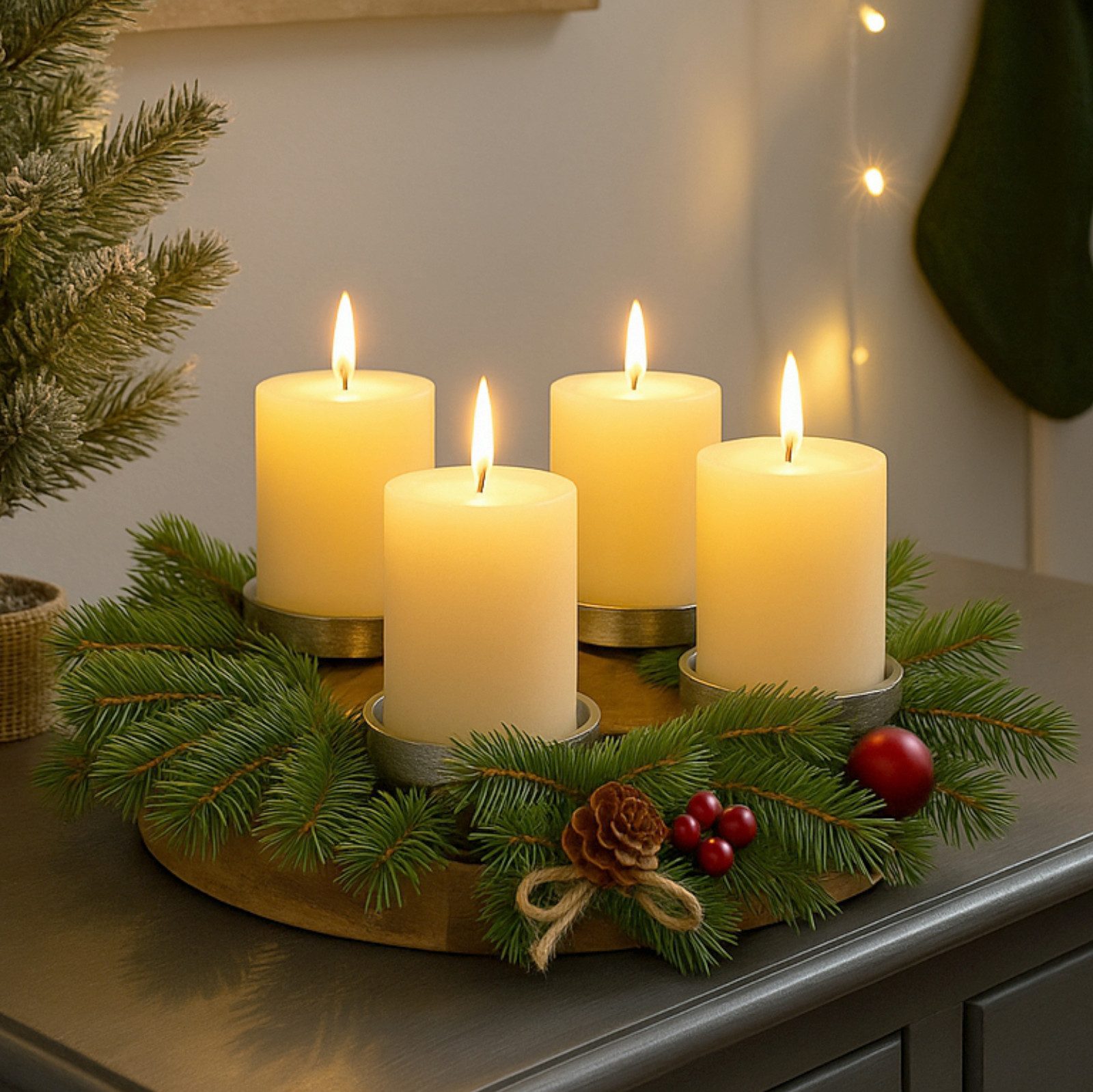 Koopman Adventskranz Tischkranz Kerzenhalter Weihnachtskranz 27cm Mangoholz Aluminium, für 4 Kerzen, Dekorativ, 27x4cm, Natur, Stabil