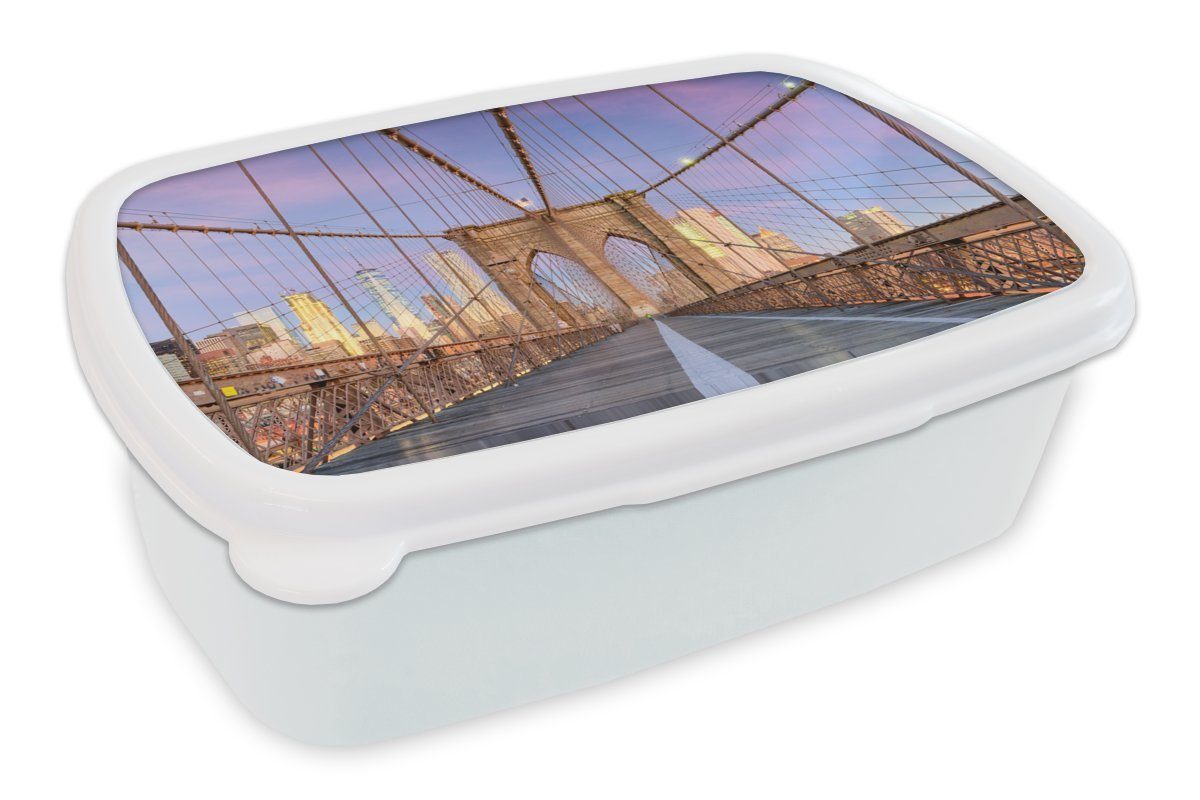 MuchoWow Lunchbox New York - Sonnenuntergang - Brooklyn Bridge, Kunststoff, (2-tlg), Brotbox für Kinder und Erwachsene, Brotdose, für Jungs und Mädchen weiß