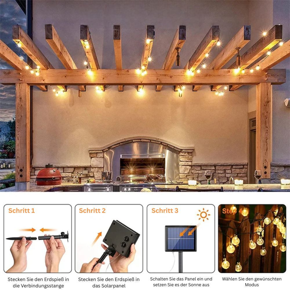 Montegoni LED-Lichterkette Solar LED Lichterkette 5m 20LED warmweiß Garten Deko IP65, 8 Modi, Solarbetrieben, Wasserdicht, 8 Modi, Energiesparend, Automatisch