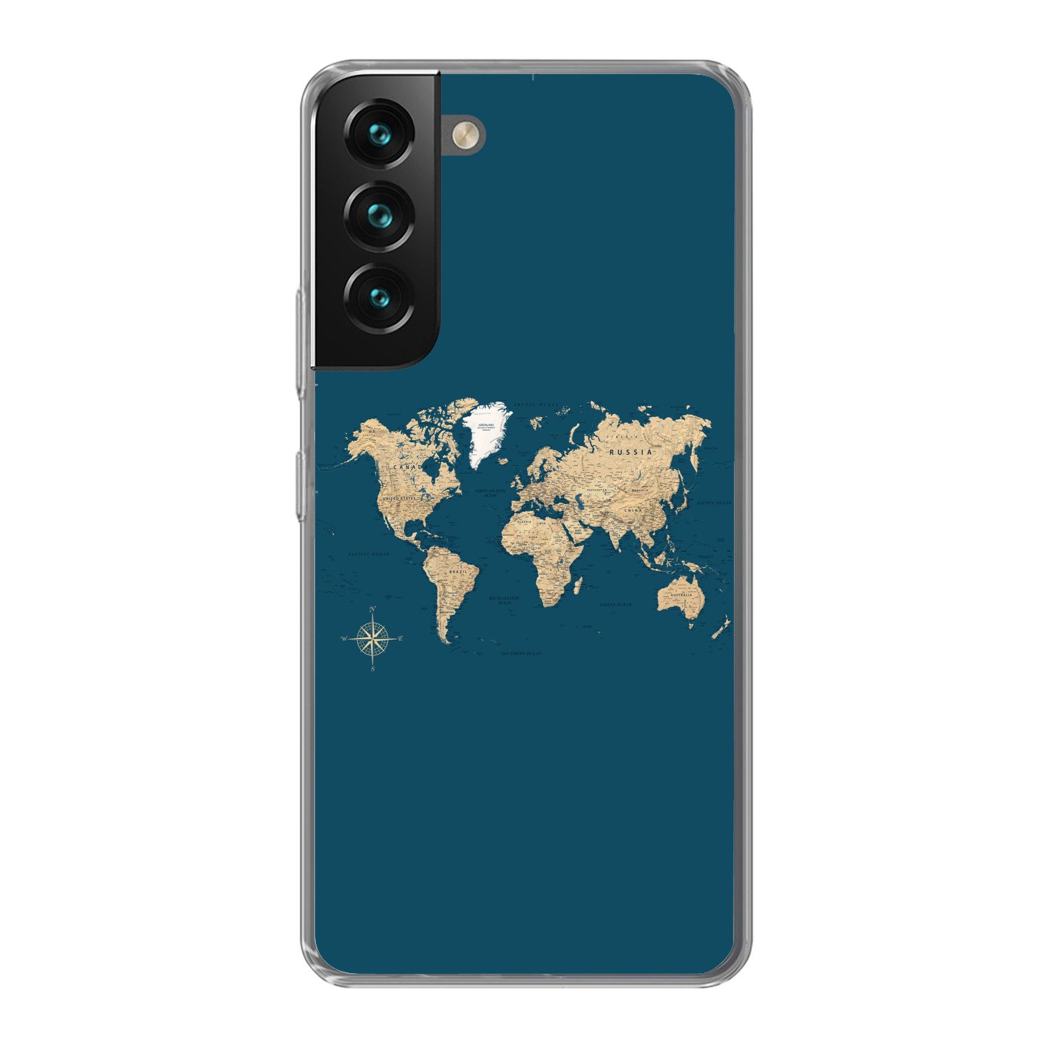 MuchoWow Handyhülle für Samsung Galaxy S22 Weltkarte - Dunkelblau - Beige, Phone Case, Silikon, Schutzhülle Dünn