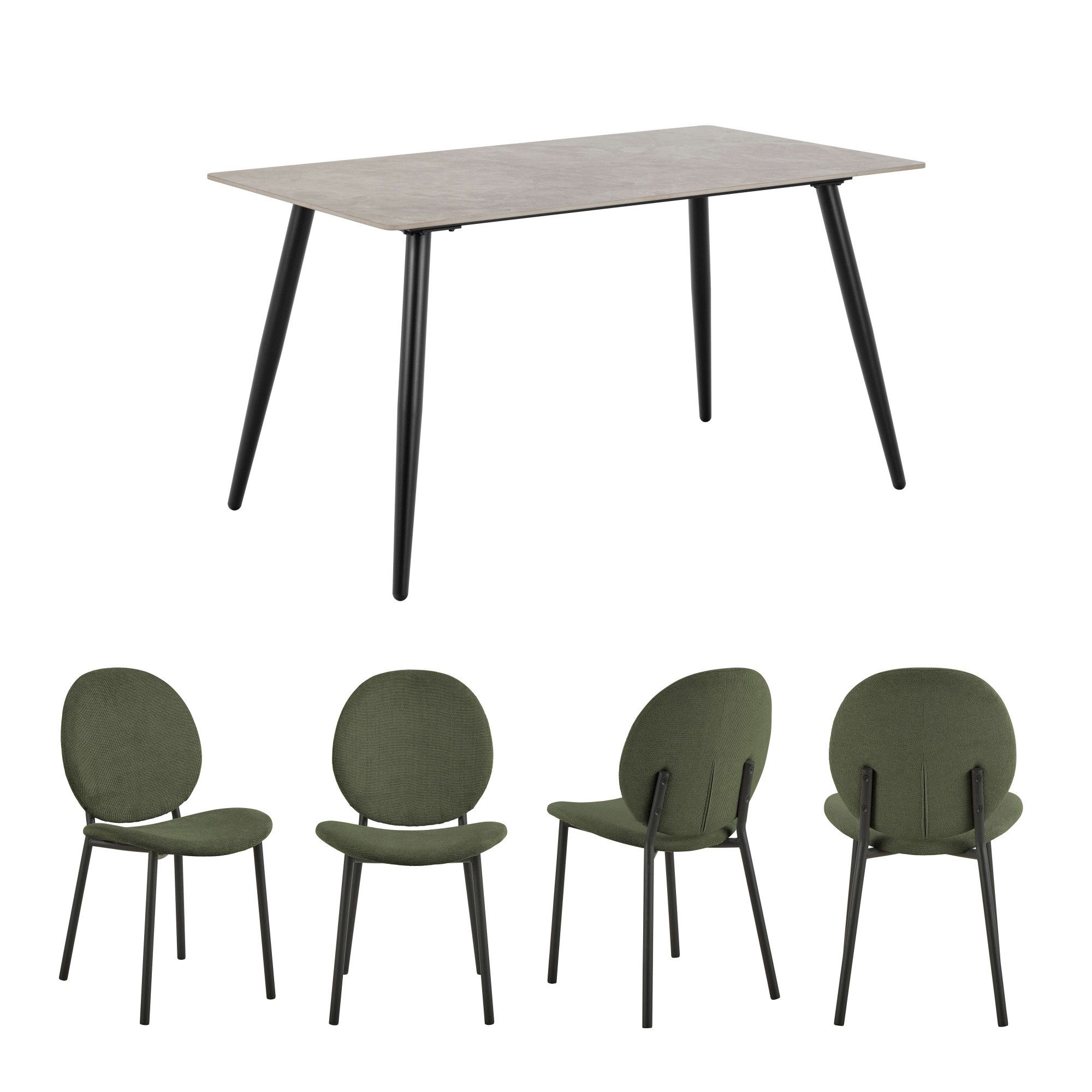 ACTONA GROUP Esszimmer-Set Essgruppe, Speisetisch mit Stühlen, (Komplett-Set, 5-St., 1x Tisch + 4x Stühle), Rechteckig Esstisch + 4x Stühle, grau keramik, waldgrün,140x80x75cm