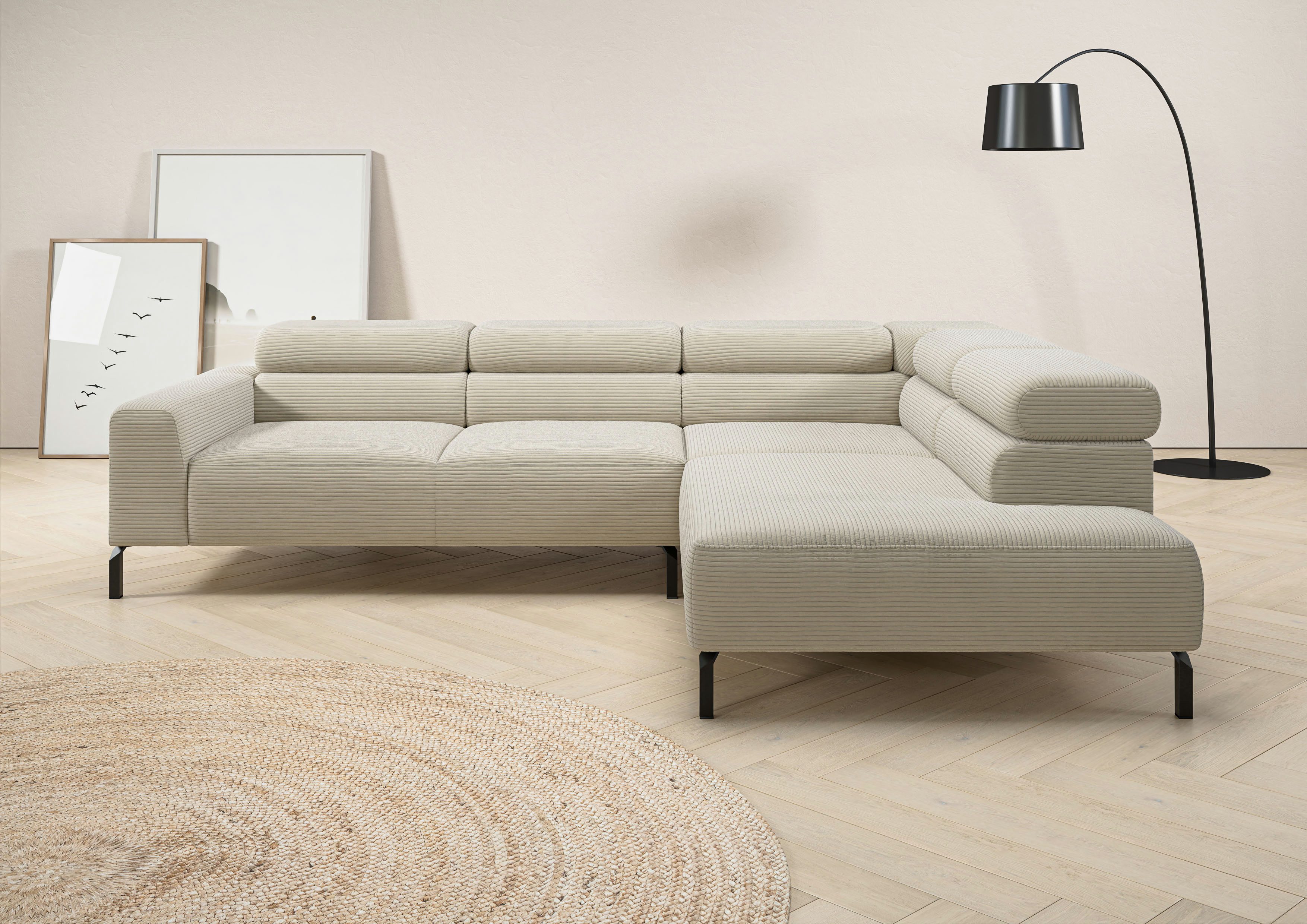 Home affaire Ecksofa Antonelli, L-Form, inkl. Kopfteilverstellung, Breite 276 cm, mit elektrischer Sitztiefenverstellung, in Cord, natur