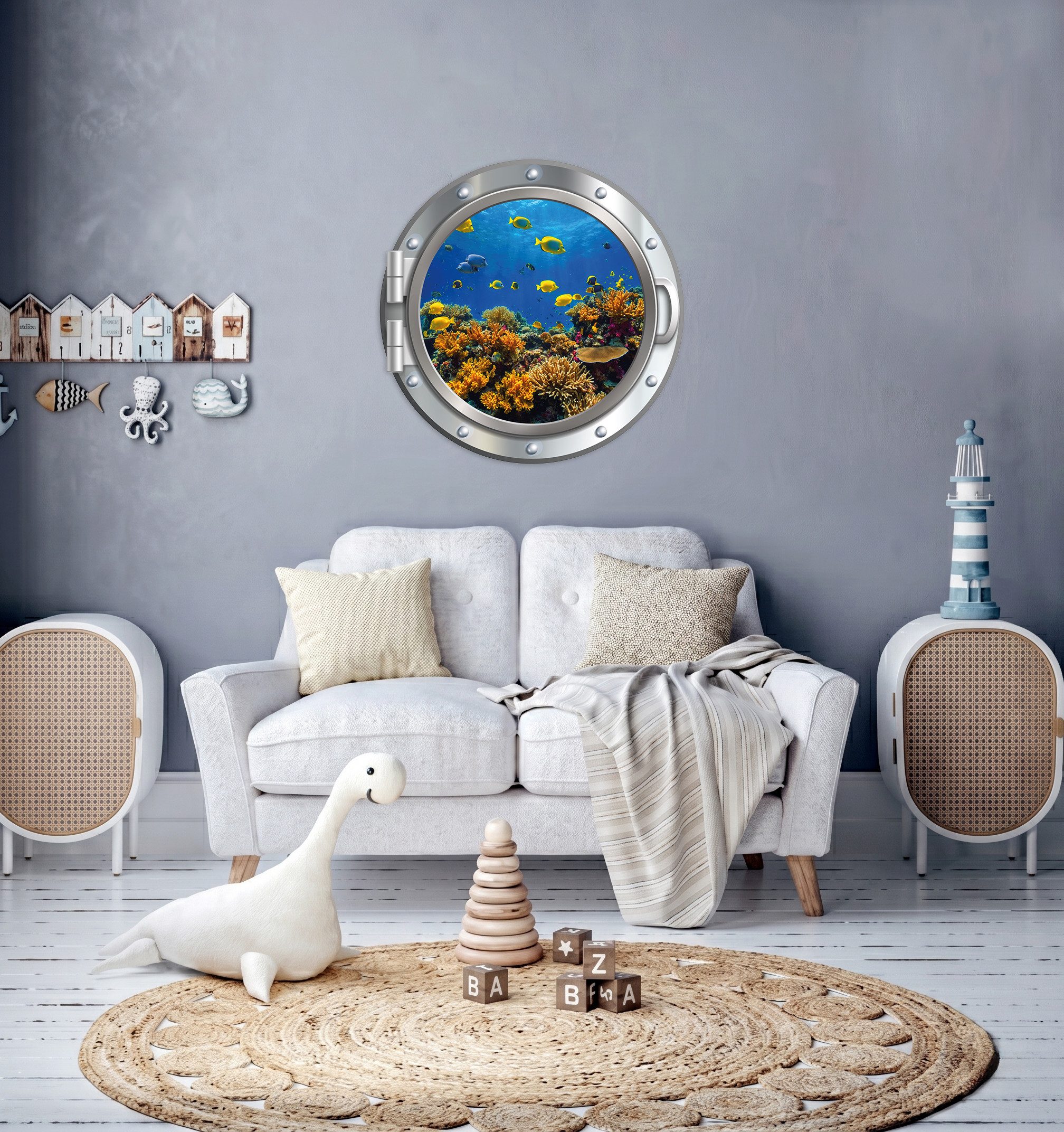 queence Wandsticker 3D Bullauge Illusion Unterwasserwelt Korallen 40x40 cm (1 St), Selbstklebender Wanddurchbruch Unterwasser