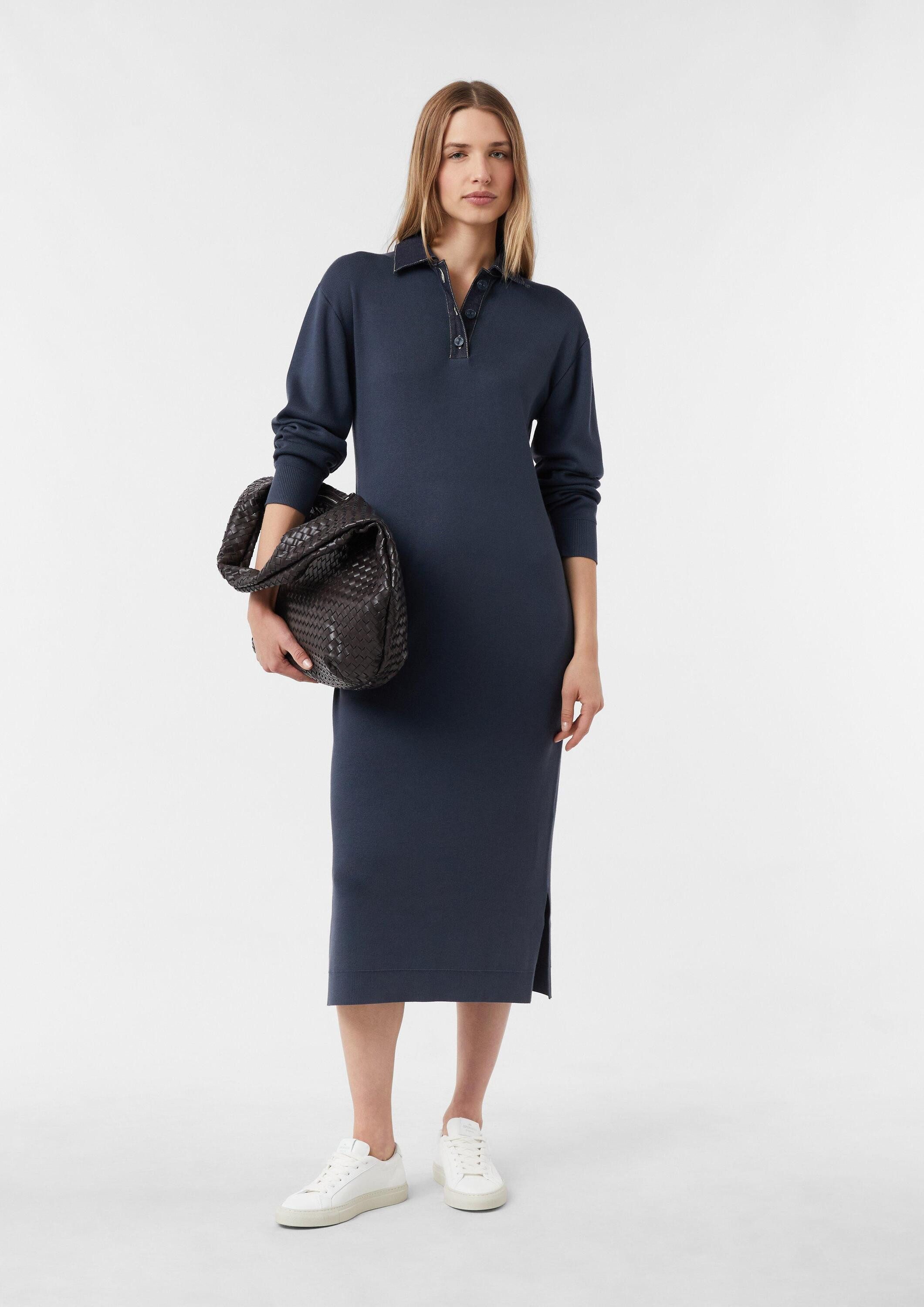 comma Midikleid Kleid Strickkleid mit Denim-Polokragen und überschnittenen Schultern