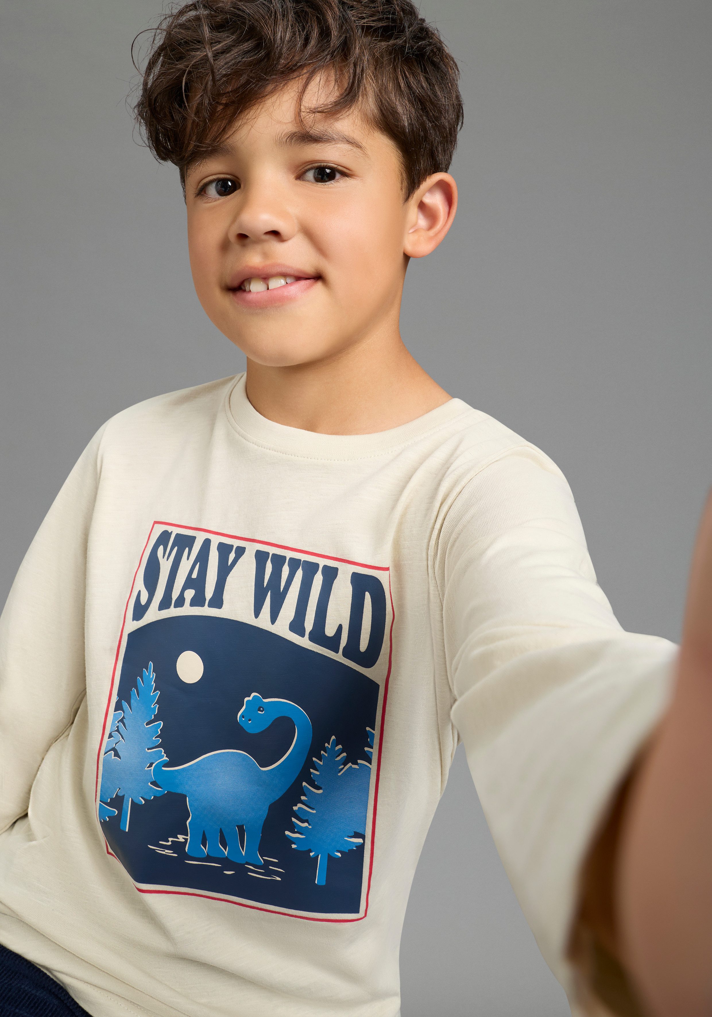 Scout Langarmshirt Shirt mit coolem Dino-Print, modisches Melangegarn mit Spruch: STAY WILD, mit Langarm, modischer Basic-Schnitt – Bild 3 von 5