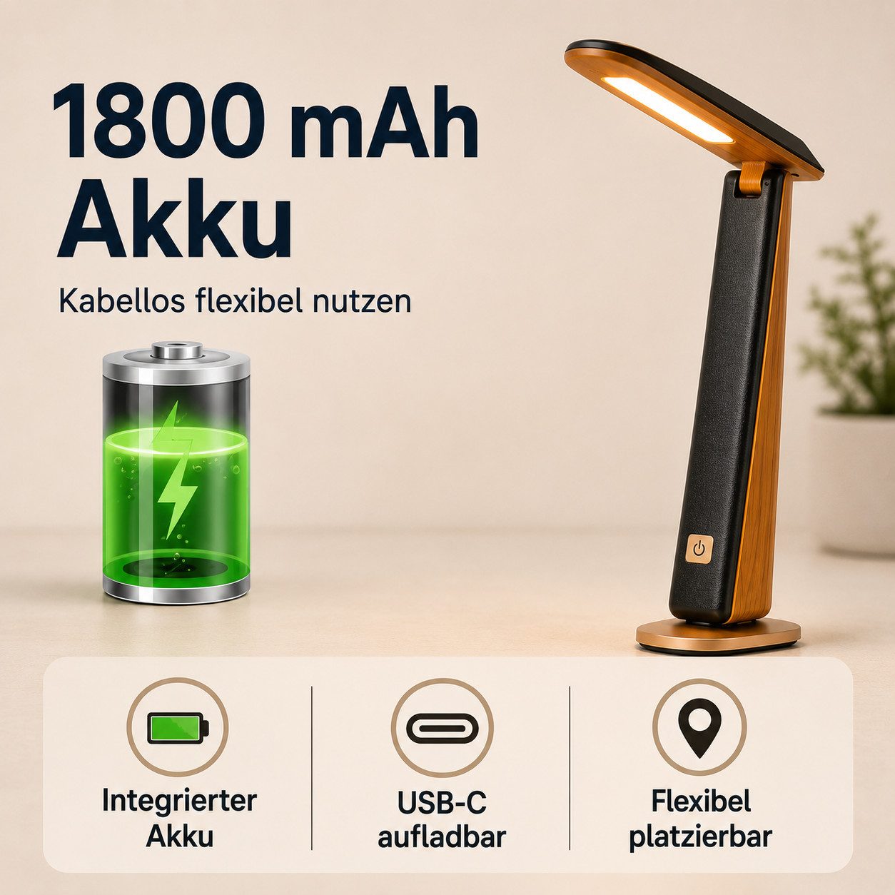 ibettertec LED Schreibtischlampe LED Tischlampe mit Akku, USB-C ladbar, Drei Farbtemperaturen, stufenloses Dimmen Tragbare Leseleuchte – Bild 5 von 5