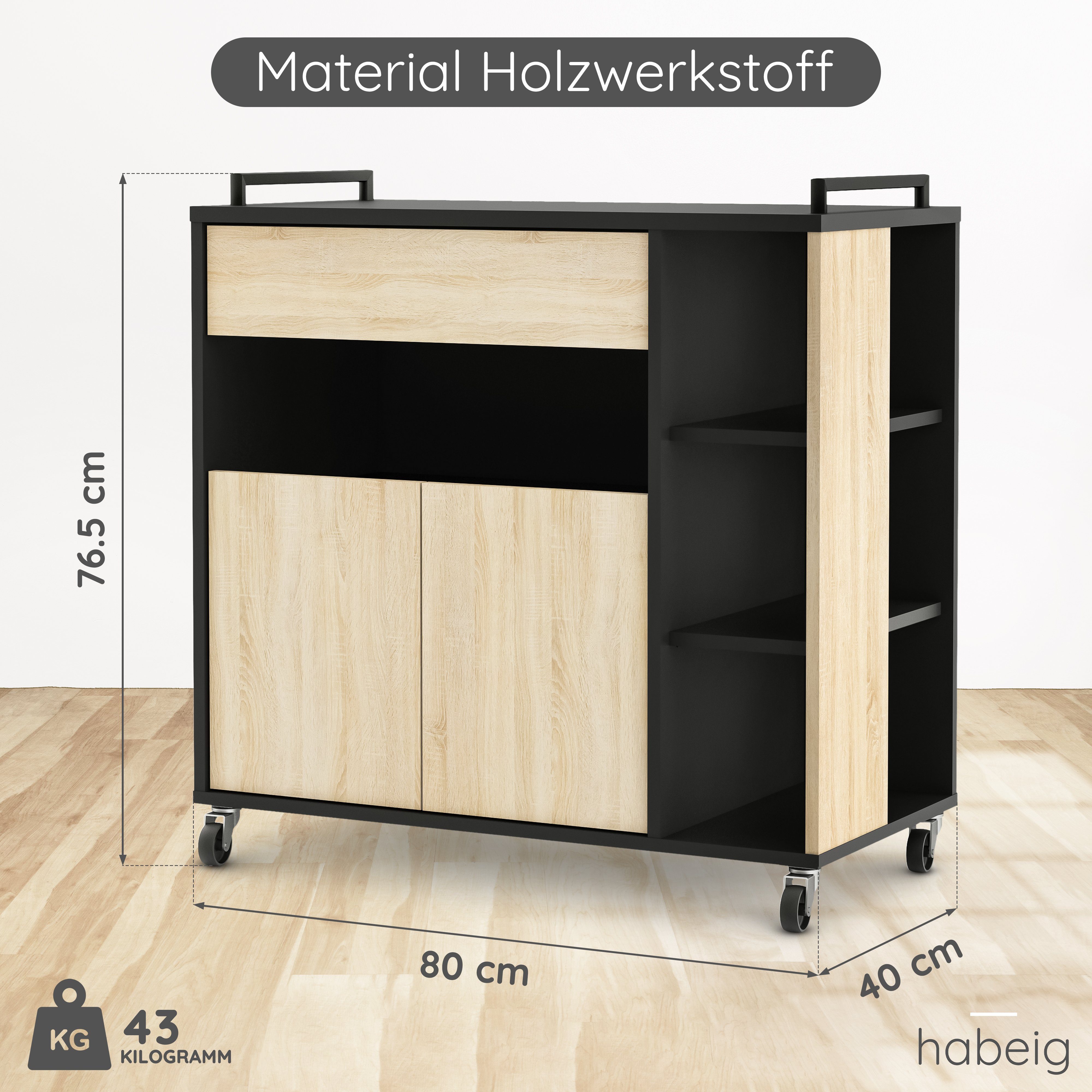 habeig Küchenwagen Küchenwagen #283 schwarz Küchentrolley mit Holz Schublade Rollen Eiche