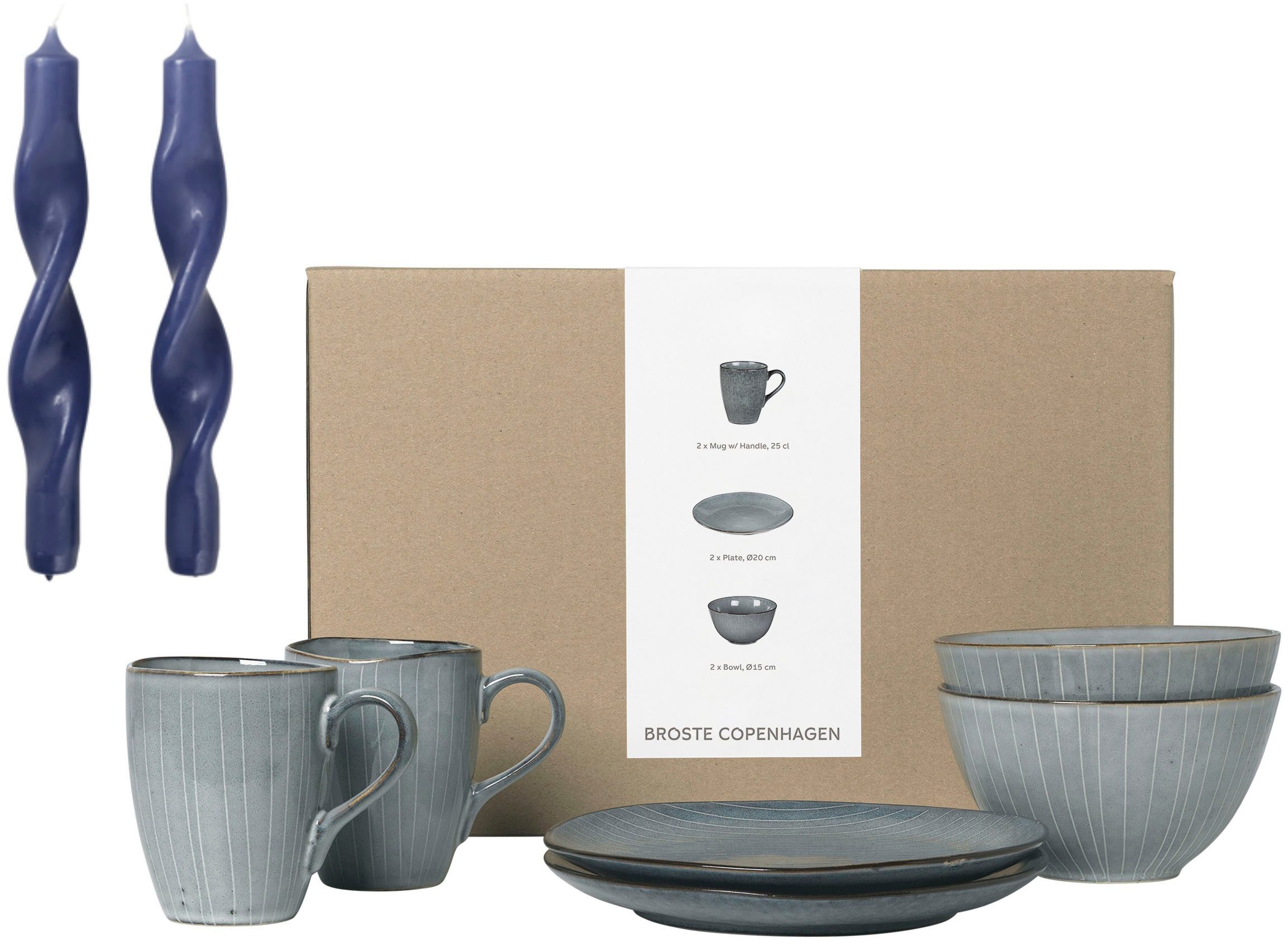 Broste Copenhagen Frühstücks-Geschirrset Nordic Sea, inklusive 1 Packung Twist Kerzen (7-tlg), 2 Personen, Keramik, Beliebte Geschirr Sets Exclusiv mit Geschenk