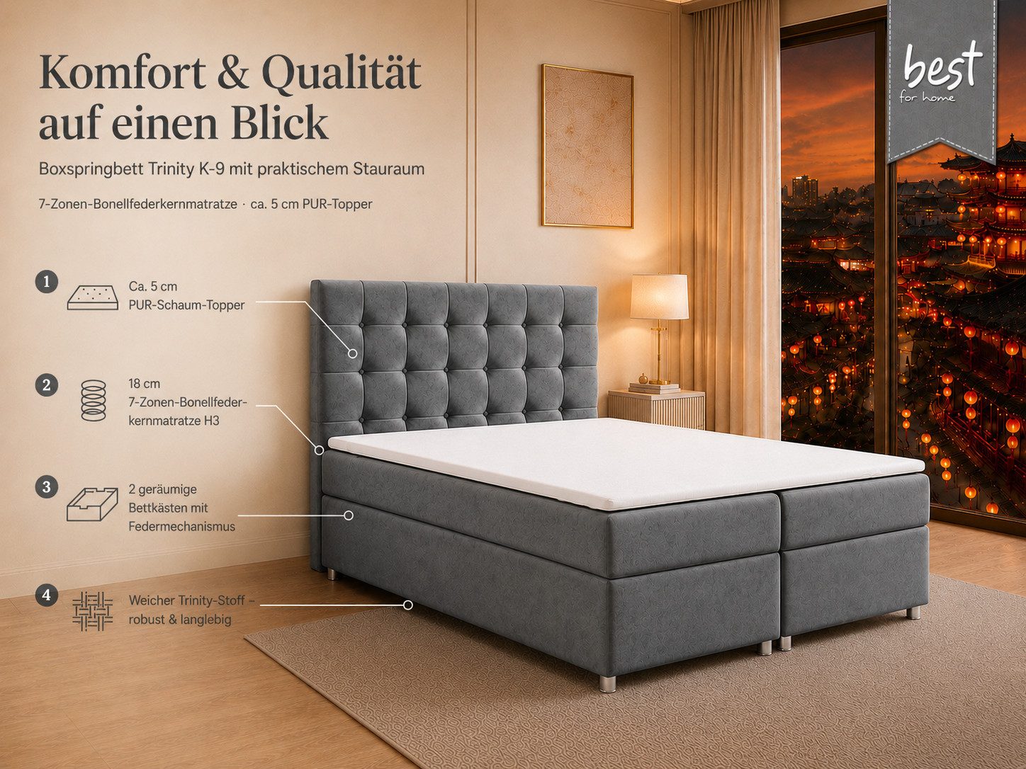Best for Home Boxspringbett Trinity K-9 mit Stauraum & 7-Zonen Komfort – modern & komfortabel (Komplett-Set, 1-St., 140x200 160x200 180x200 200x200 cm), Handwerksqualität, TOP Preis-Leistungs-Verhältnis