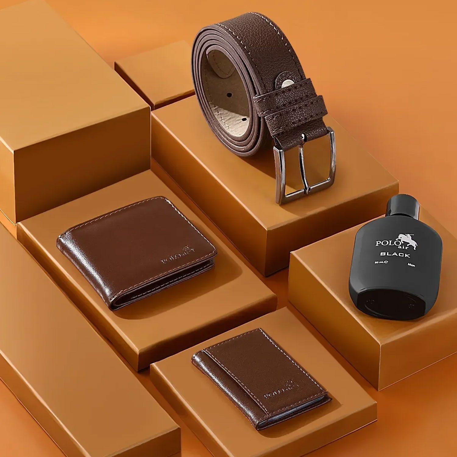 Jungengel Herrendiener Luxus Leder Geschenk Set 5-Teilig Gürtel, Parfüm, Geldbörse Herren, (Set, 4 St., All in One), Luxuriöses 4-teiliges Herren-Set, Ideales Geschenk für Männer
