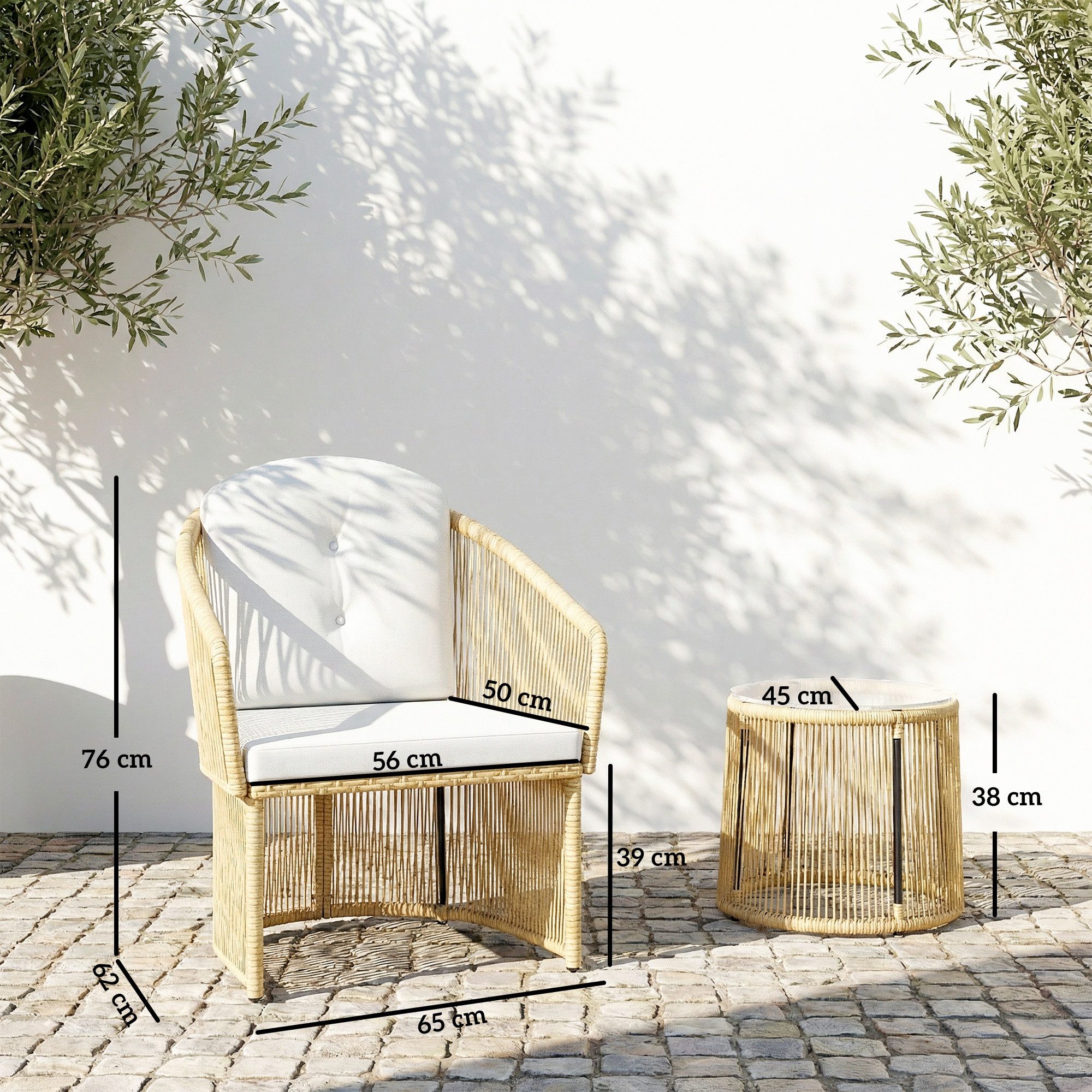 Outsunny Sitzgruppe Rattan-Bistro-Set, (Set, 3-tlg., 1 Tisch, 2 Sessel), Rattan-Bistro-Set mit Kissen