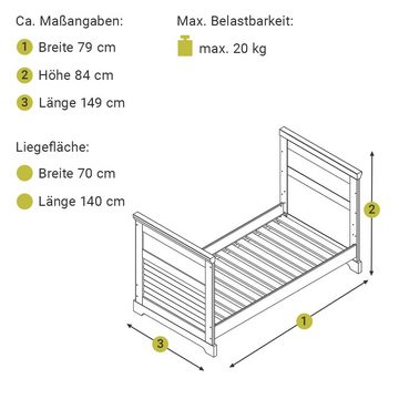 Lomadox Jugendzimmer-Set AVON-78, (Sparset, 3-tlg), Kinderbett 70x140 cm Liegefläche, Wickelkommde, Kiefer massiv gewachst