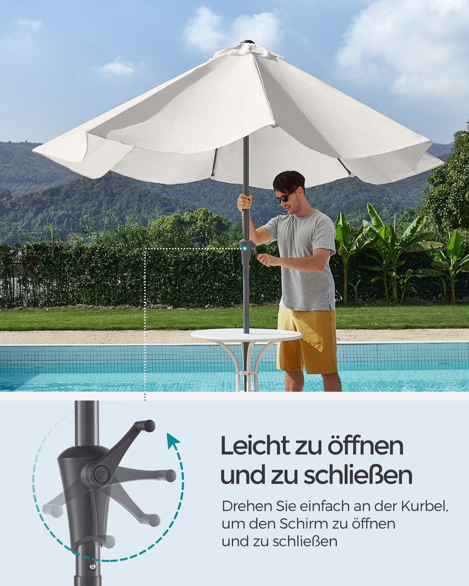 SONGMICS Sonnenschirm, UPF 50+, mit Kurbel, beidseitig um 30° knickbar, ∅264cm, ohne Ständer