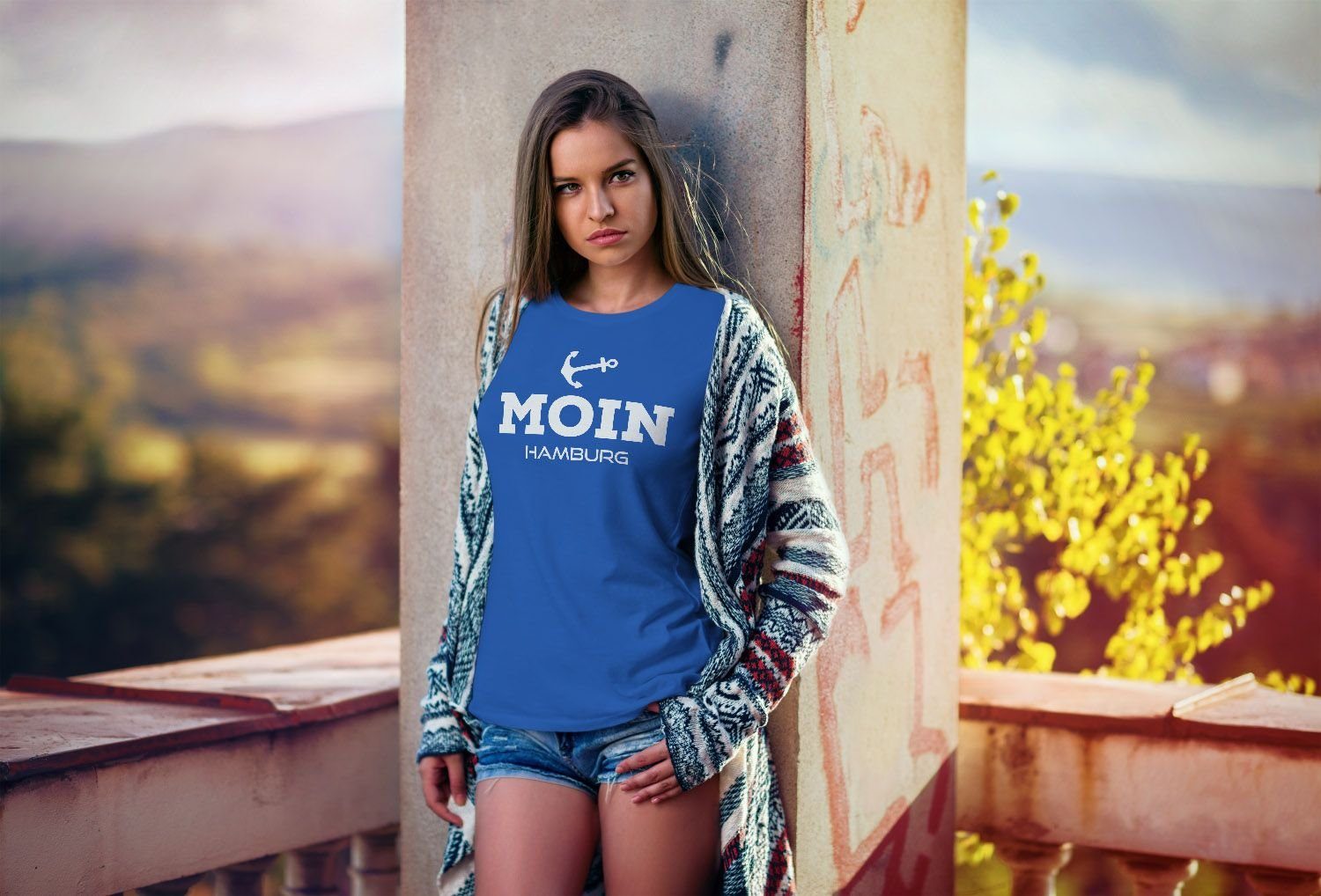 Moin Print Damen maritime MoonWorks Hamburg mit Anker Print-Shirt blau Moonworks® Fit Damen Slim T-Shirt