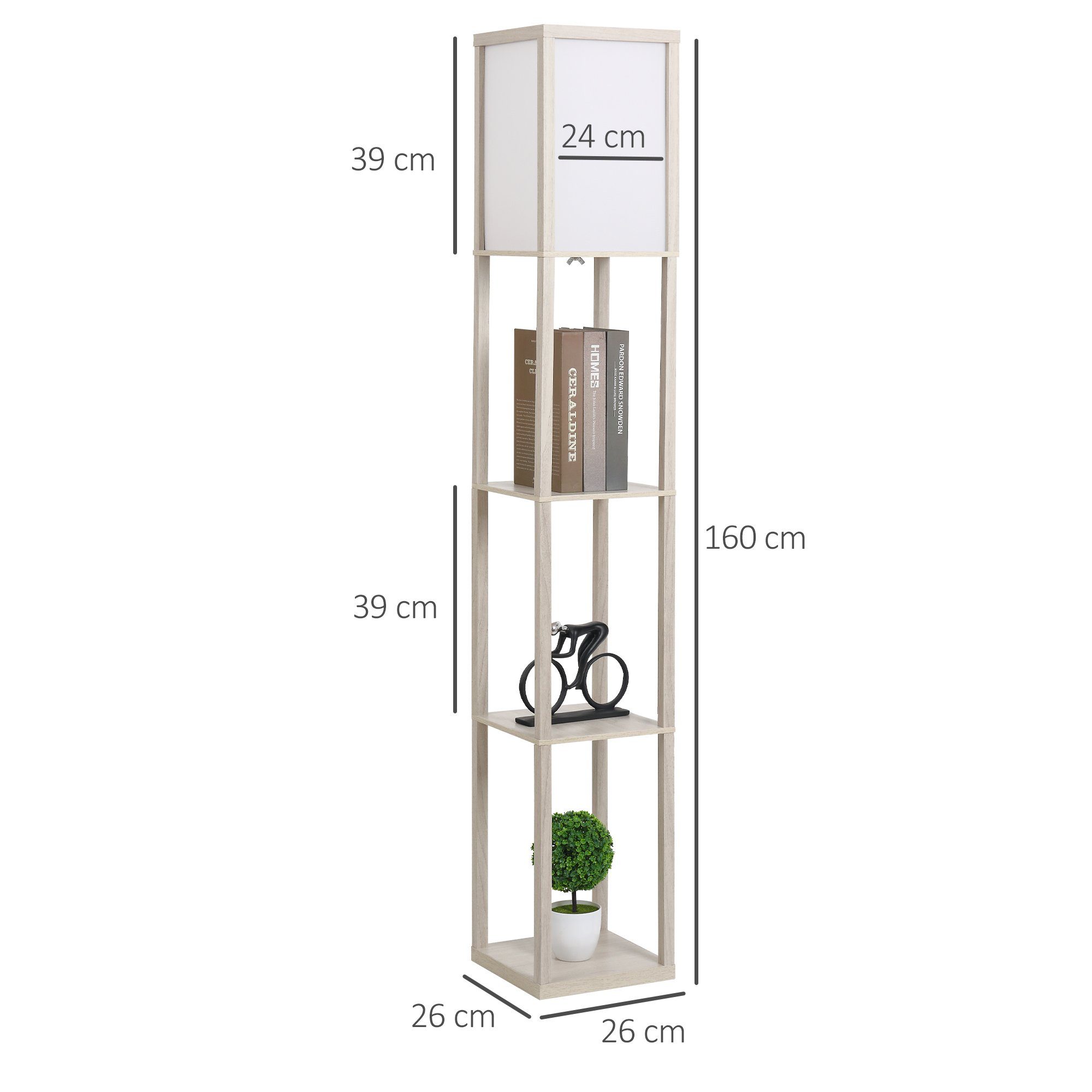 HOMCOM Stehlampe Stehlampe mit Regalen E27 40W Nachttischlampe Acryl Lampenschirm, Ablagefächer, Lichtquelle, Fußschalter, ohne Leuchtmittel, Stehlampe mit Ablagen, platzsparend