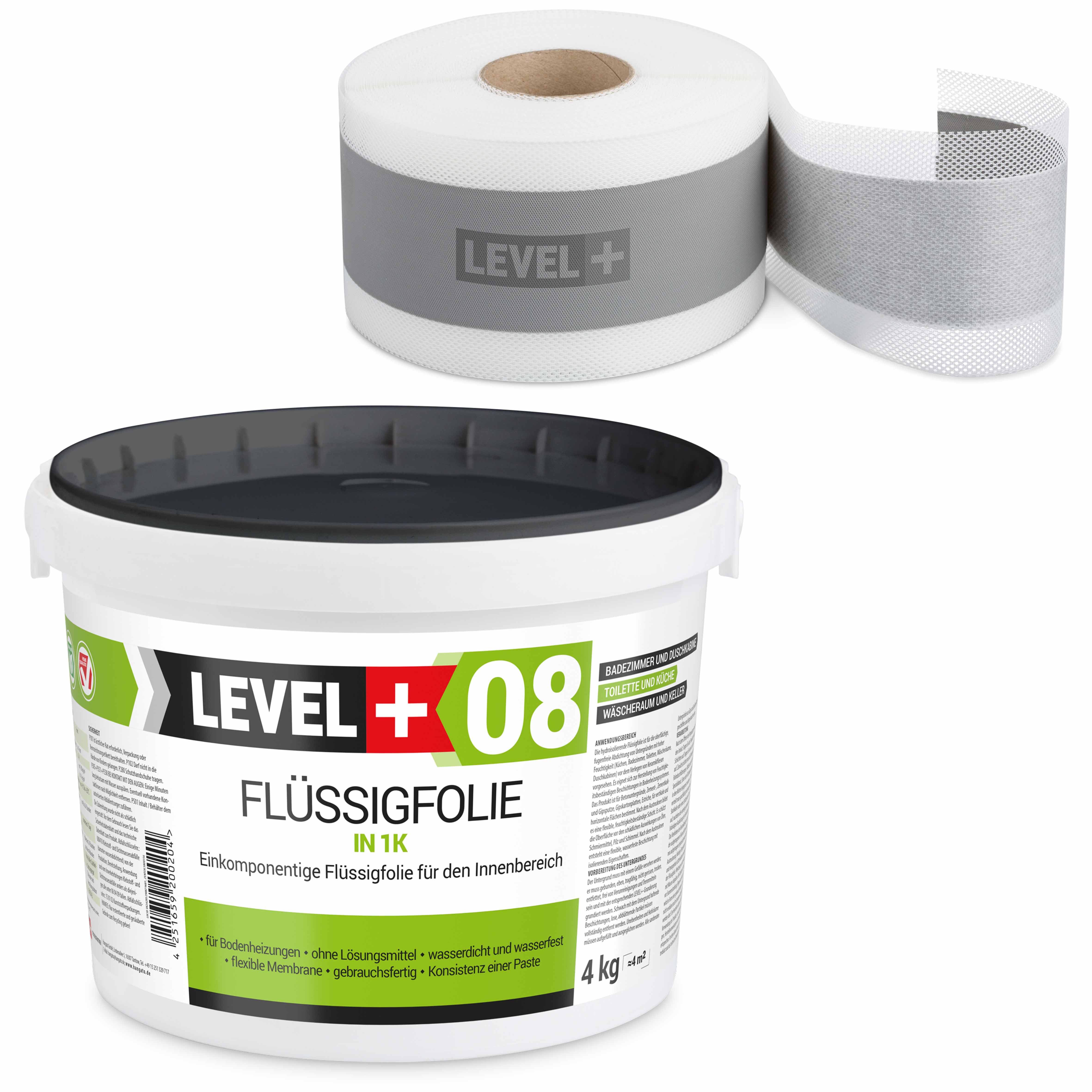 Level+ Dichtstoff Dichtset für Duschabdichtung Bad Dichtband Flüssigfolie 4kg SET43