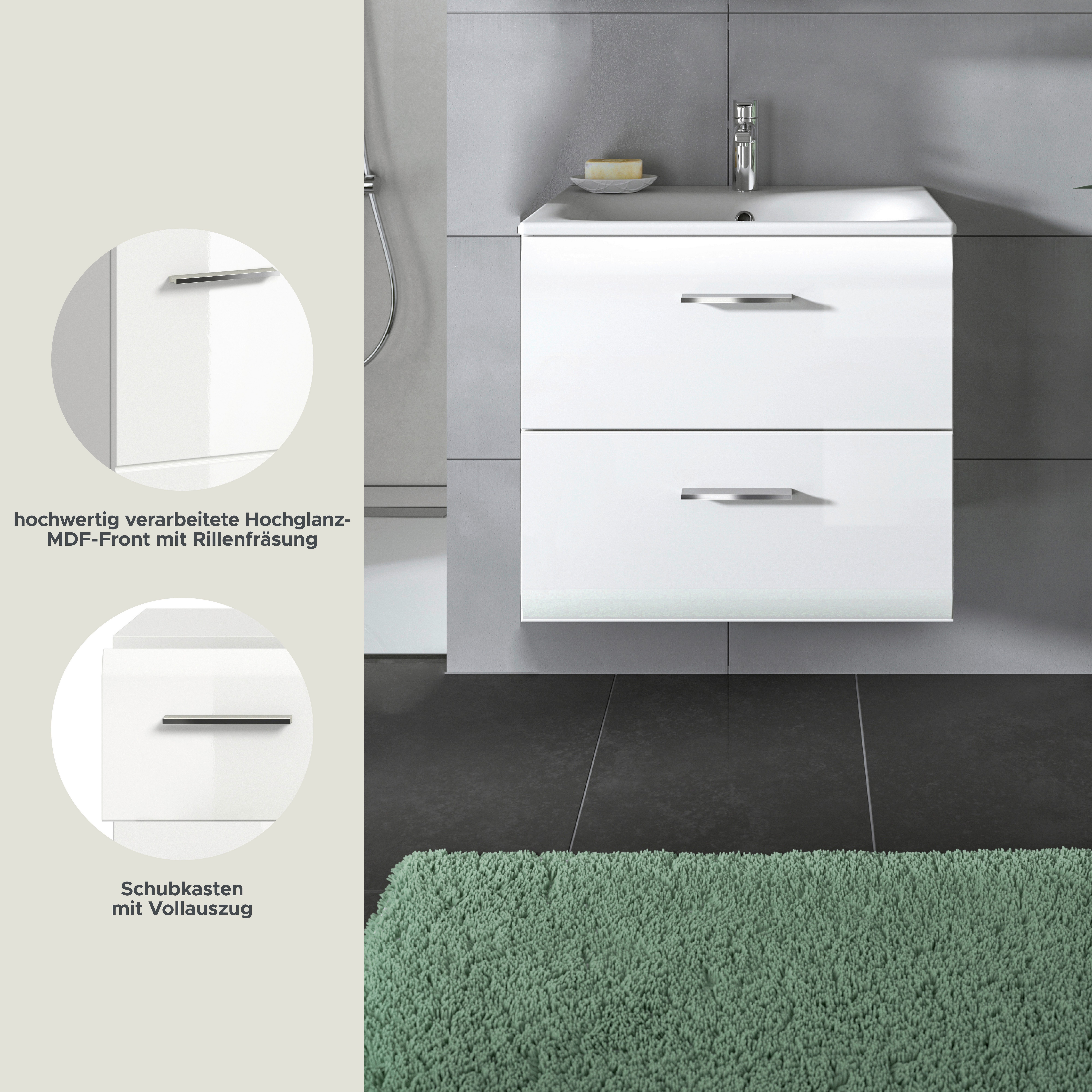 welltime Waschbeckenunterschrank FLORENZ, Breite 60 cm, inkl. Waschbecken, hängende Montage (2-St., TOPSELLER) hochwertige MDF Front, Griff chromglänzend, Badschrank, Bad