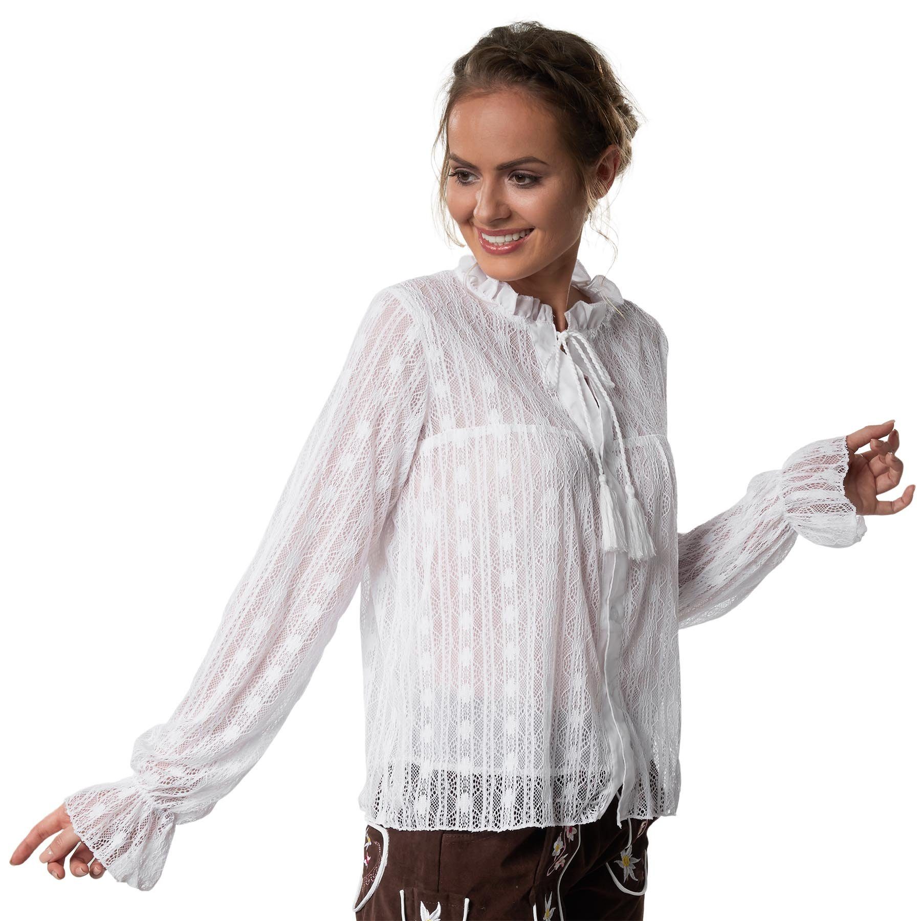 dressforfun Trachtenbluse Dirndlbluse aus Tüll und Spitze mit ausgestellten Ärmelenden (Landhausbluse Susannerl, in weiß) Vertikalmuster, Tülleinsatz innen, Qua – Bild 4 von 5