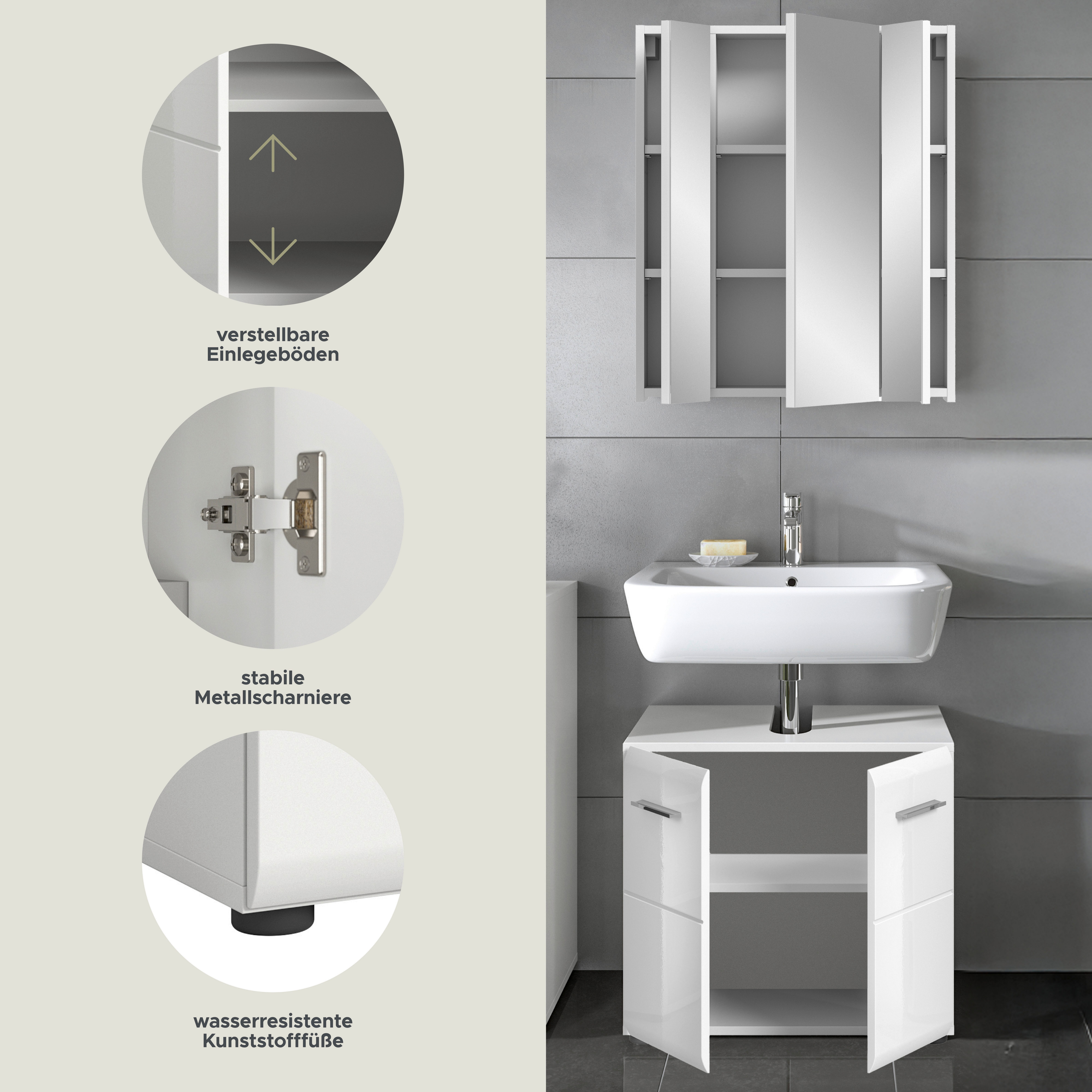 INOSIGN Badmöbel-Set FLORENZ, TOPSELLER!, 2-teilige Badkombination, hochwertige MDF-Front, (Set, bestehend aus: 1 Waschbeckenunterschrank, 1 Spiegelschrank), Bad-Kombination, Bad-Möbel, Badezimmer, Kombination, Kombi