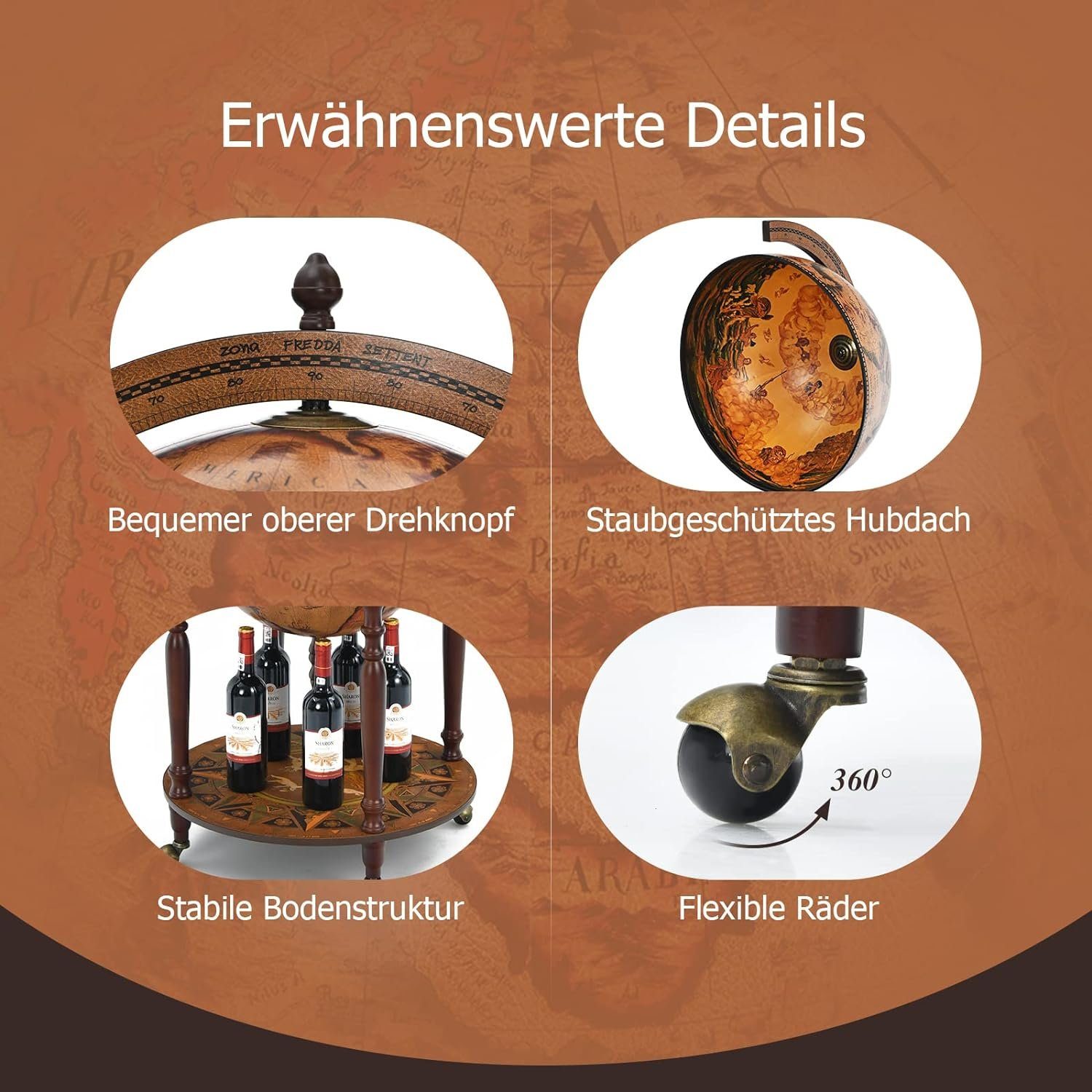 KOMFOTTEU Weinregal Globusbar, mit Rollen, Deckel & Bodenplatte