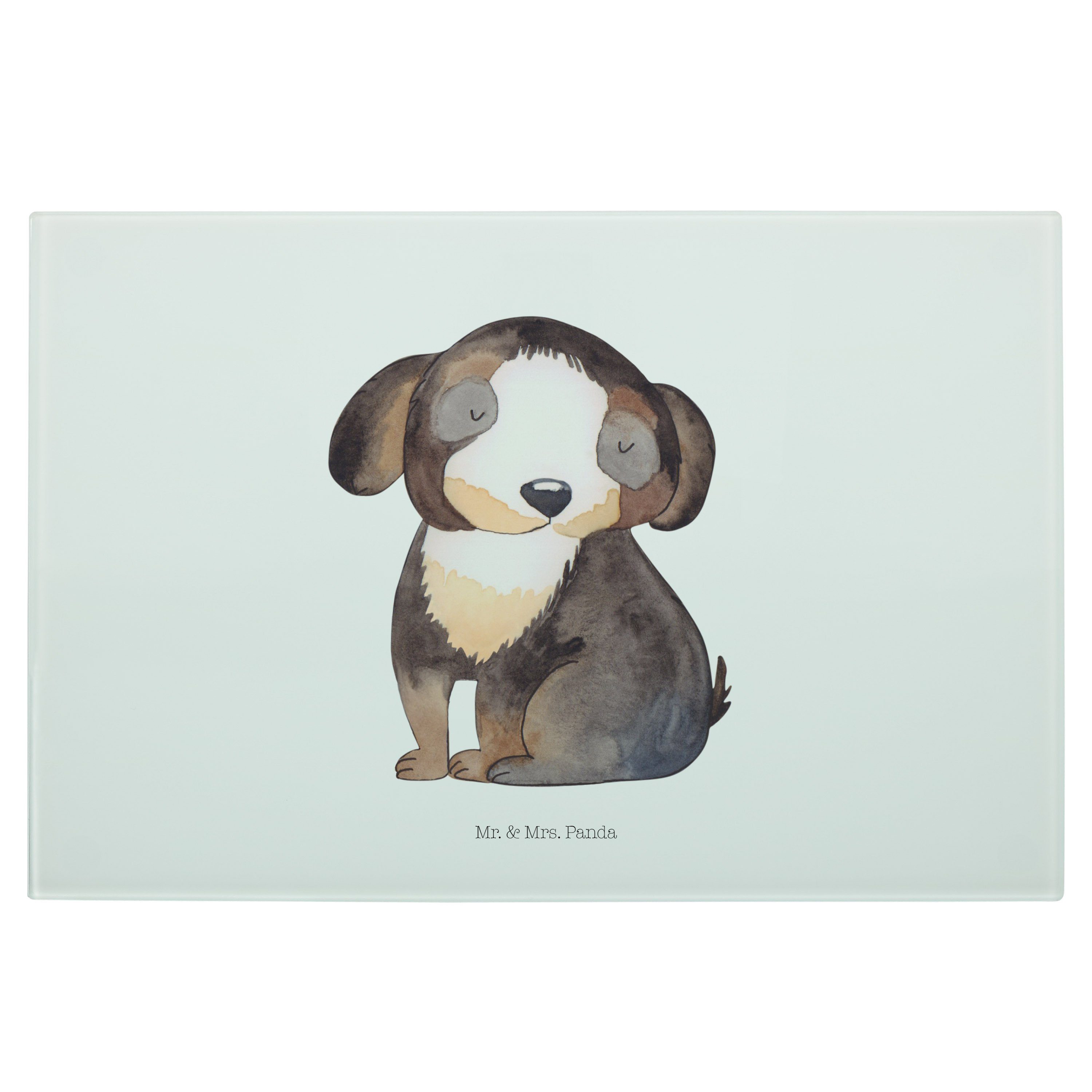 Mr. & Mrs. Panda Servierbrett Hund entspannt - Weiß - Geschenk, Liebe, Hundeliebe, Schneidebrett, n, Premium Glas, (1-St)