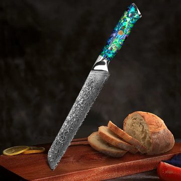 KEENZO Brotmesser Damast Brotmesser mit Wellenschliff Sägemesser Abalone-Muschel Griff