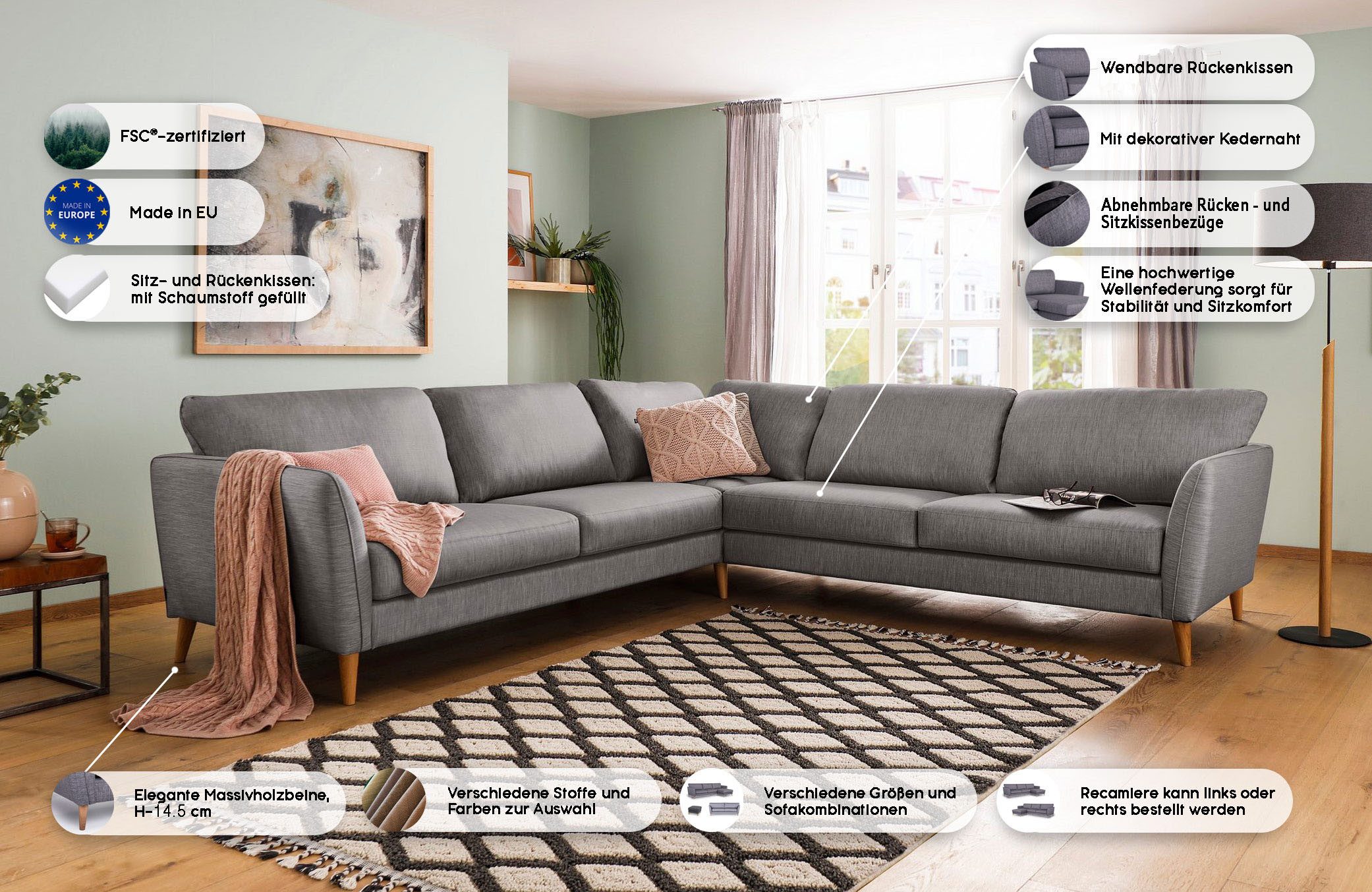 Home affaire Ecksofa MARSEILLE 278/278 cm, L-Form, Webstoff, Flachgewebe, Filzoptik, gleichschenklig, Massivholzbeine, Landhausstil, Wellenunterfederung