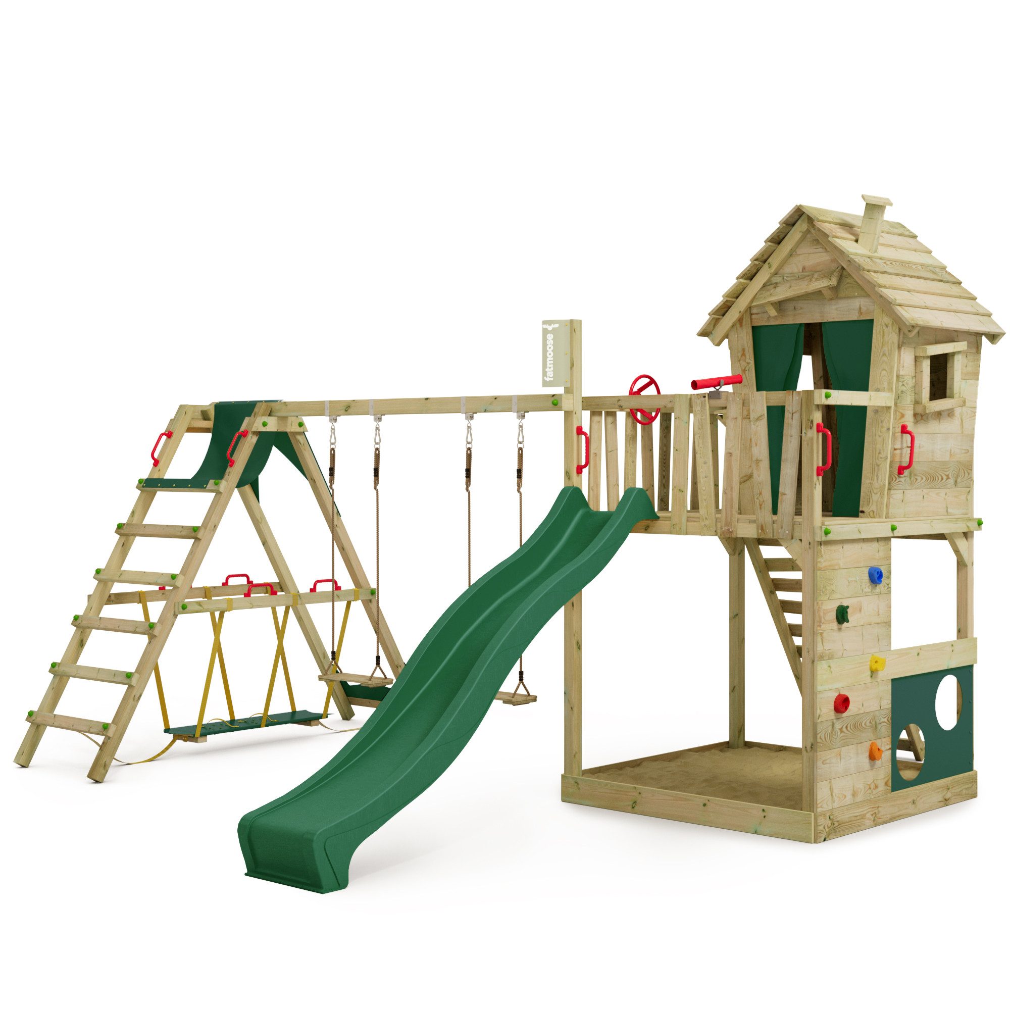 FATMOOSE Spielturm Stelzenhaus HappyHome mit Schaukel, SurfSwing & Rutsche, 10-jährige Garantie*, riesiger integrierter Sandkasten und Wackelbrett