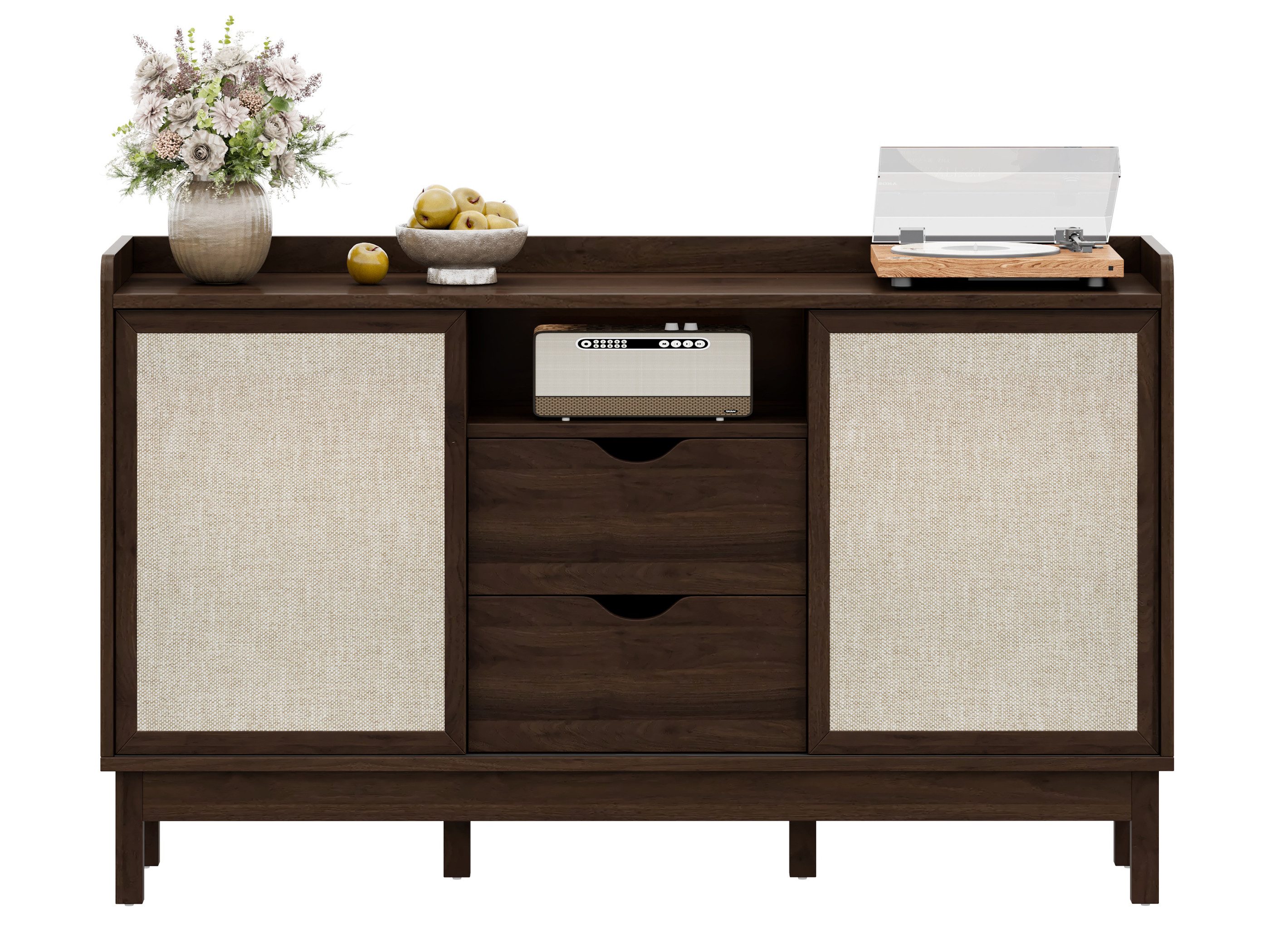 SeedWave Sideboard 150cm Retro Kommode, 2 Schiebetüren mit Stoffgeweben, 2 Schubladen, höhenverstellbare Einlegeböden