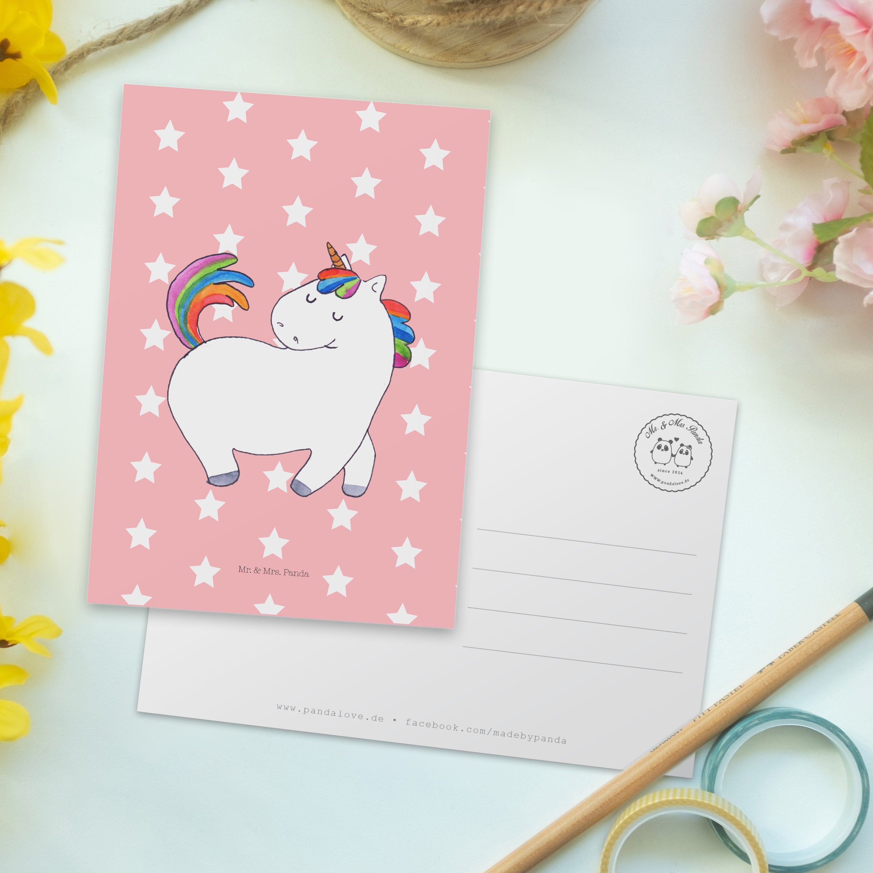 & - Mrs. Pegasus, Mr. Einhö Einhorn Geschenk, Panda Unicorn, stolzierend Rot - Pastell Postkarte