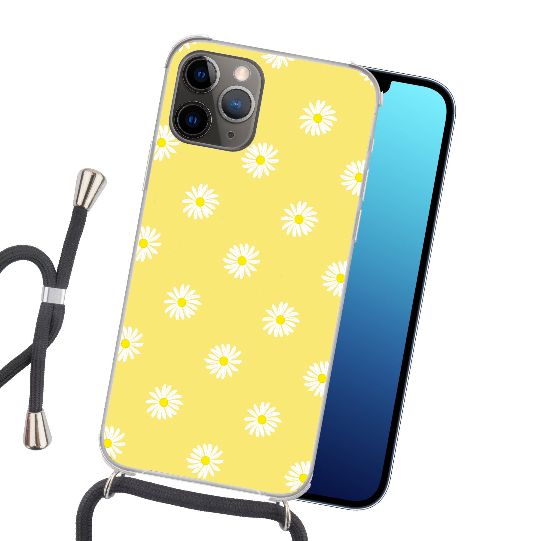 MuchoWow Handyhülle für Apple iPhone 13 Pro Gänseblümchen - Pastell - Weiß - Gelb - Blumen, Tragbare Handyhüllen mit Kette zum umhängen, Handykette Handyband