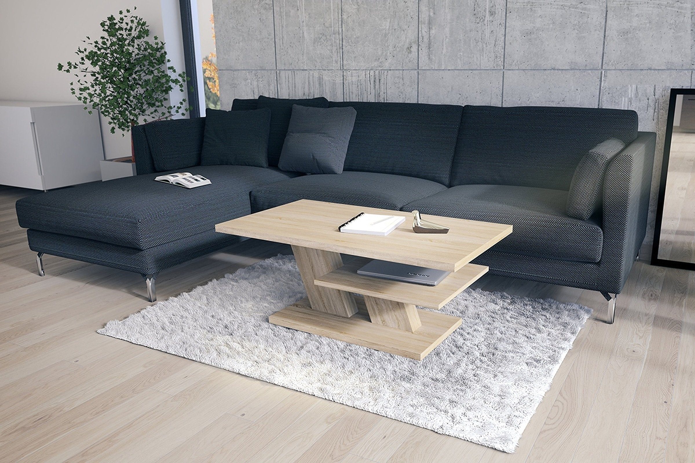 Mazzoni Couchtisch Cliff Sonoma Eiche Tisch Wohnzimmertisch 110x60x45cm mit Ablagefläche