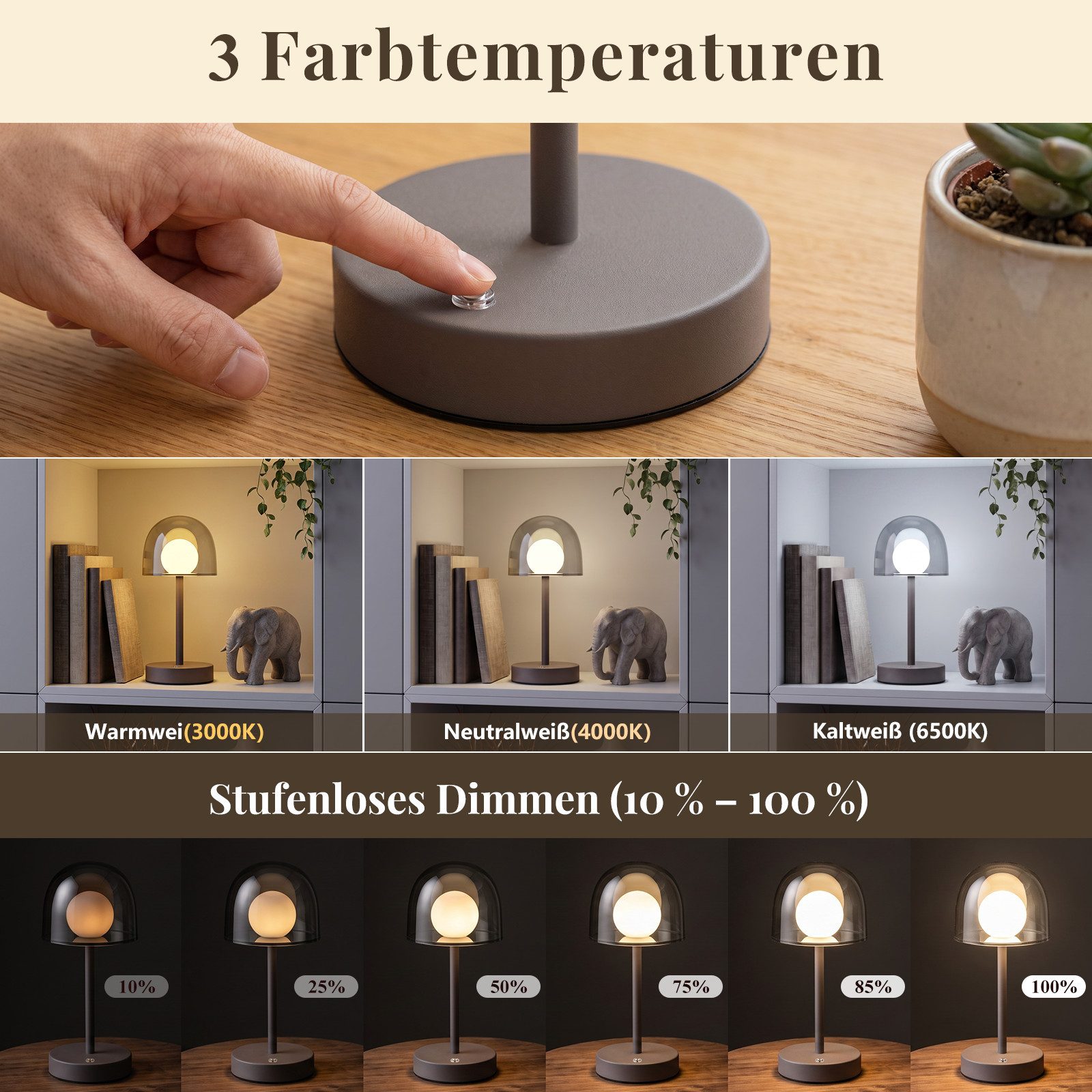 Nettlife LED Tischleuchte kabellos dimmbar Touch 3 Farbtemperaturen Akkubetrieb Nachttischlampe, für Schlafzimmer Wohnzimmer Arbeitszimmer Büros – Bild 2 von 5