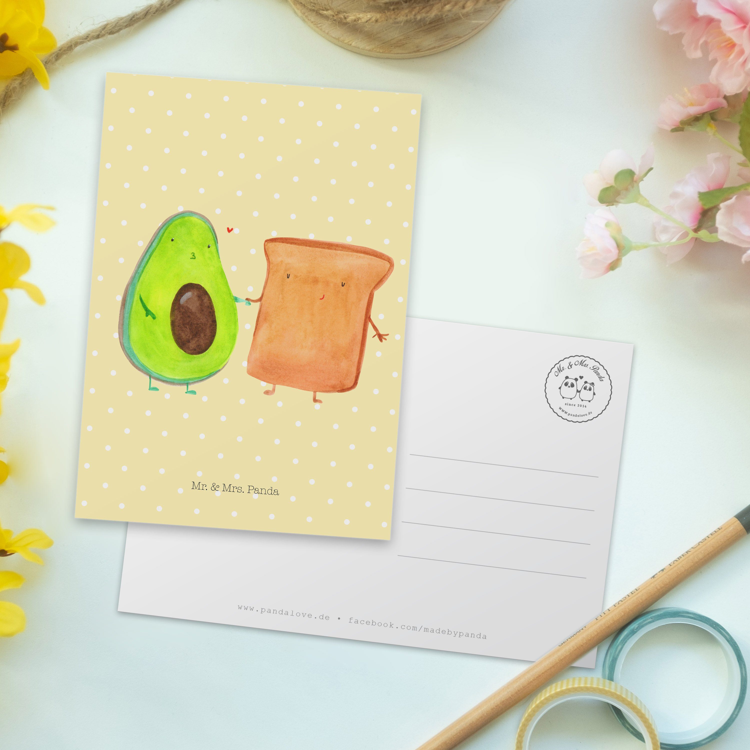 Mr. & Mrs. Panda Postkarte Geschenk, Pastell Gru Gelb Ansichtskarte, Toast - Veggie, - + Avocado