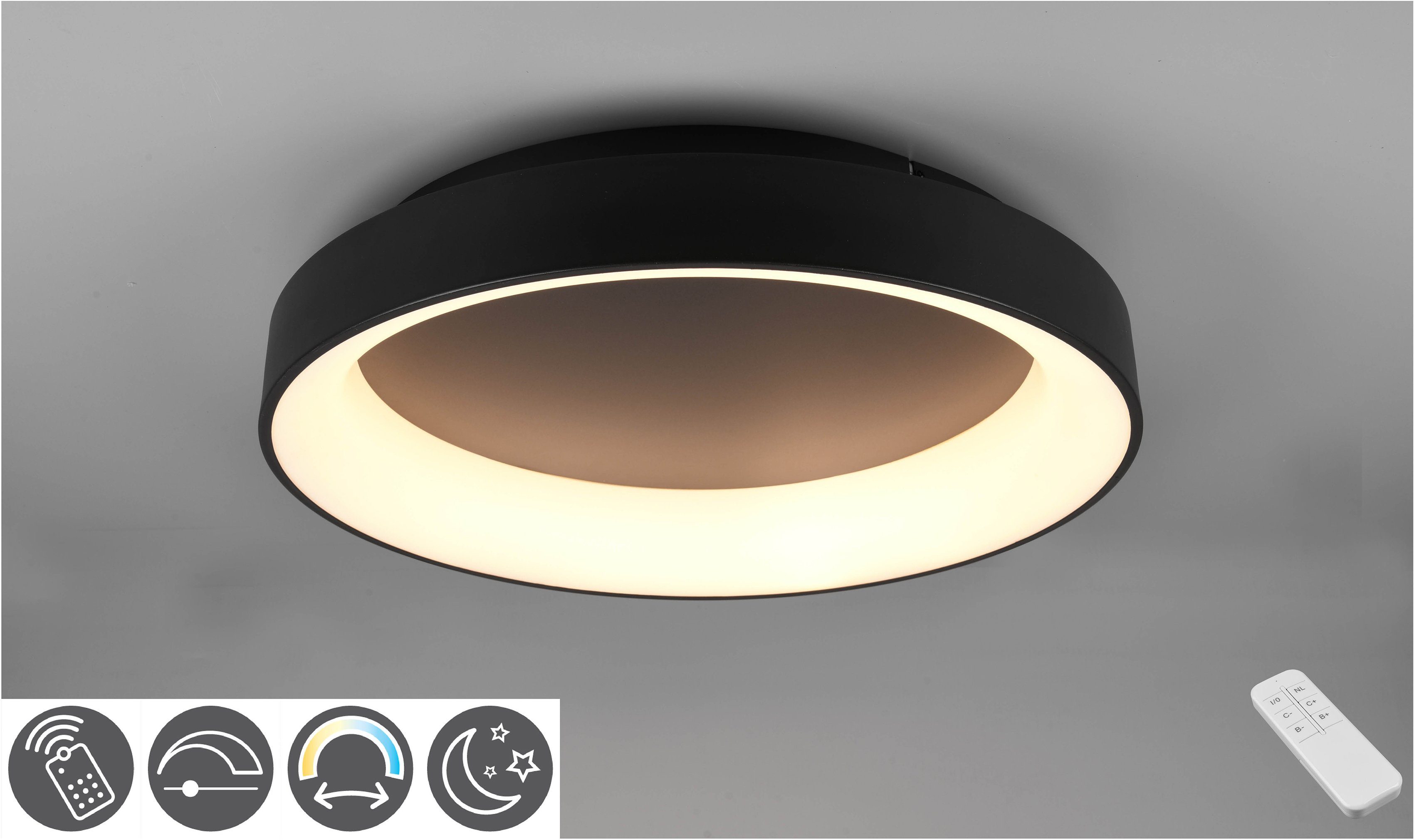 TRIO Leuchten LED Deckenleuchte GIRONA, Deckenlampe mit Fernbedienung,  Dimmer, LED fest integriert, Farbwechsler, integrierter Dimmer, Lichtfarbe  stufenlos einstellbar, Nachtlicht