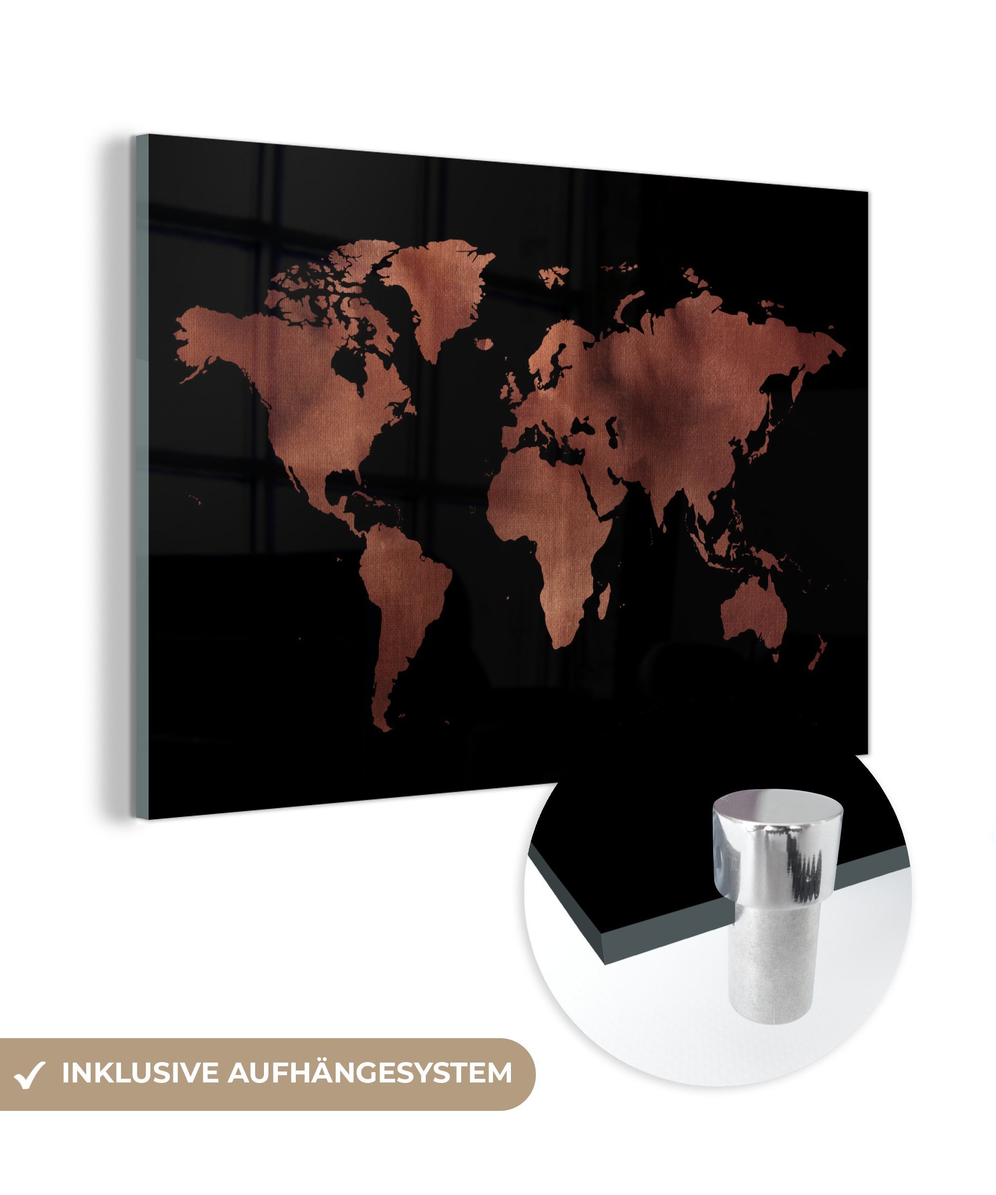 MuchoWow Acrylglasbild Weltkarte - Schwarz - Rot, (1 St), Glasbilder - Bilder auf Glas Wandbild - Foto auf Glas - Wanddekoration
