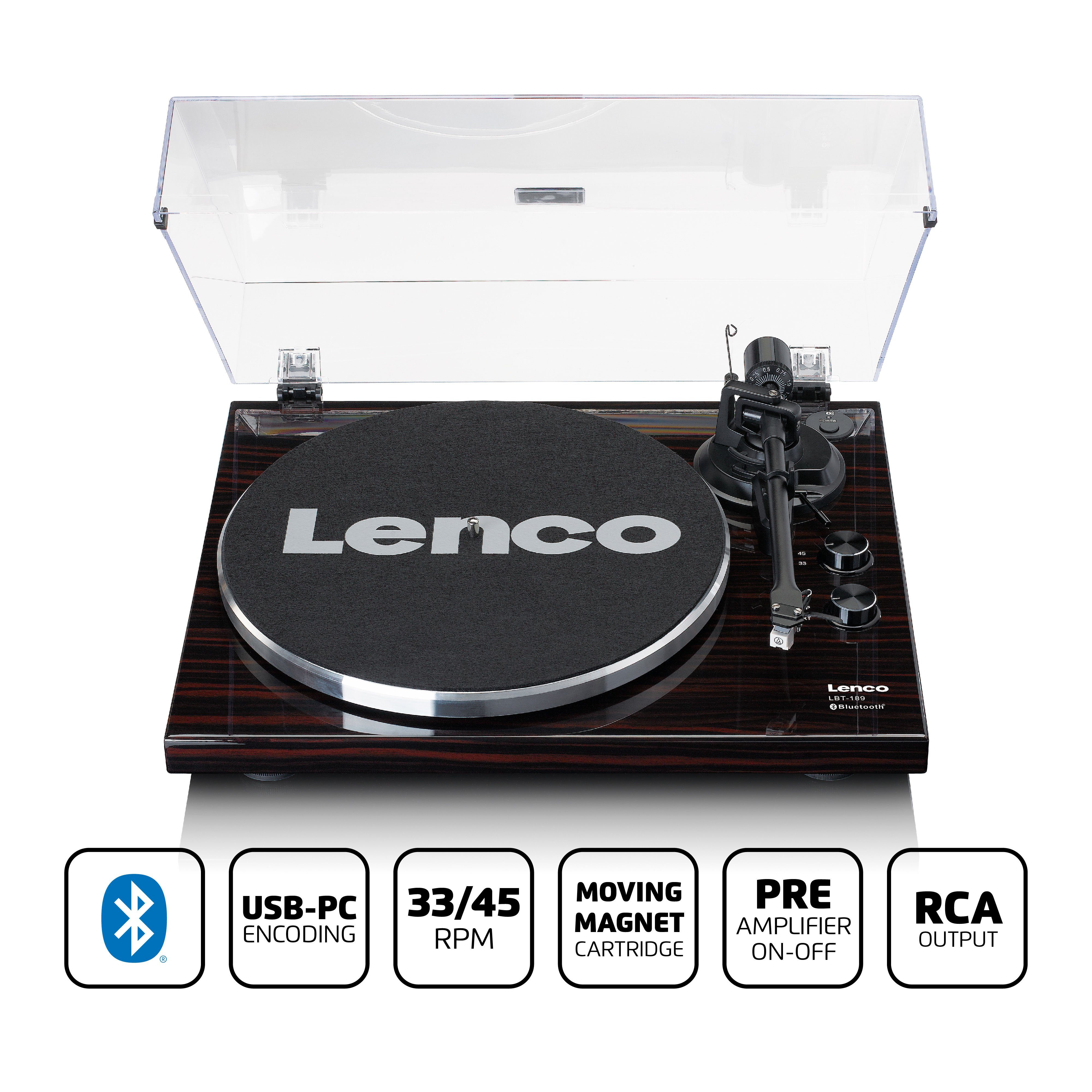 Lenco LBT-189WA Plattenspieler (Riemenantrieb, Bluetooth, Bluetooth®/Cinch Anschluss, USB-Transfer & 33 45 U/min in Walnuss)