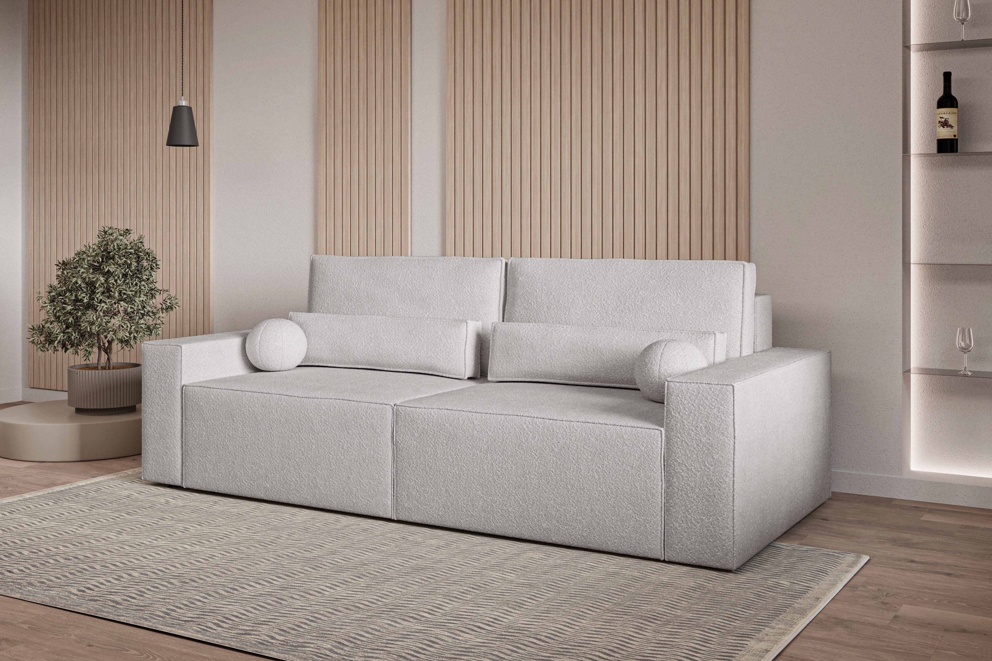 MOEBLO Sofa Denver mini aus Bouclé, Stilvolles Sofa mit Schlaffunktion in Bouclé-Stoff, Couch, Polstermöbel, Sitzmöbel, Wohnzimmermöbel 3-Sitzer-Sofa Stoffsofa, Bettkasten, mit Schlaffunktion