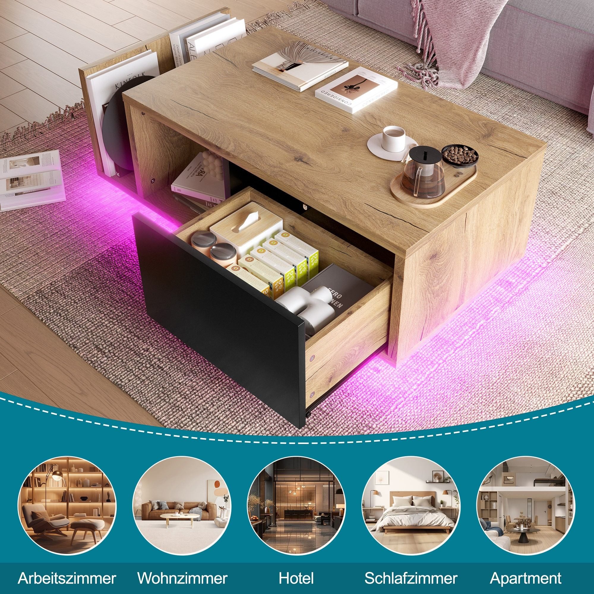 LVHOM Couchtisch Retro Sideboard mit LED & Cleverem Stauraum // Holz-Metall-Design (Stauraum (offenes Fach + Schublade + Trennstege), LED-Steuerung für atmosphärische Akzentbeleuchtung, Robuster Holz-Metall-Rahmen, Beistelltisch, Bar, Sideboard, Roomteiler), in Wohnzimmer, Flur oder Homeoffice