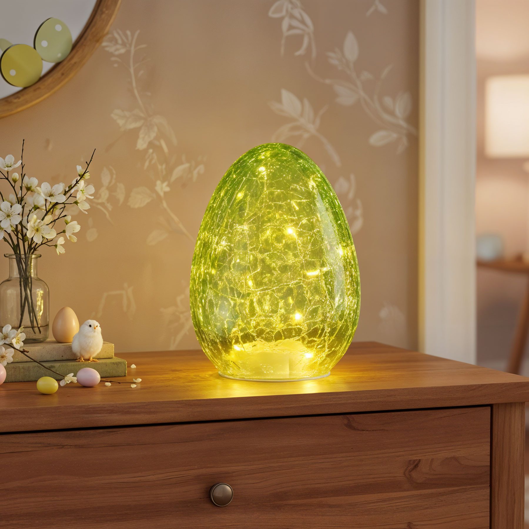 Levandeo® LED Dekolicht, LED Osterei H16cm Grün Glas Dekolampe Timer Osterdeko Tischlampe